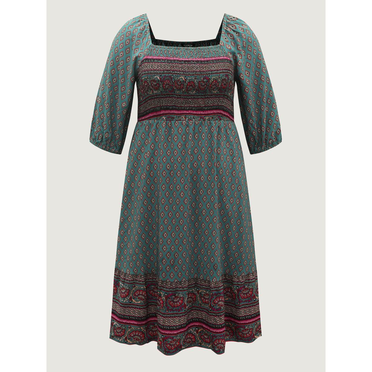Plus Size Paisley Print Shirred Bodice Midi Dress Teal Women Square Neck Elbow-length sleeve Curvy BloomChic 18-20/2X Product Image