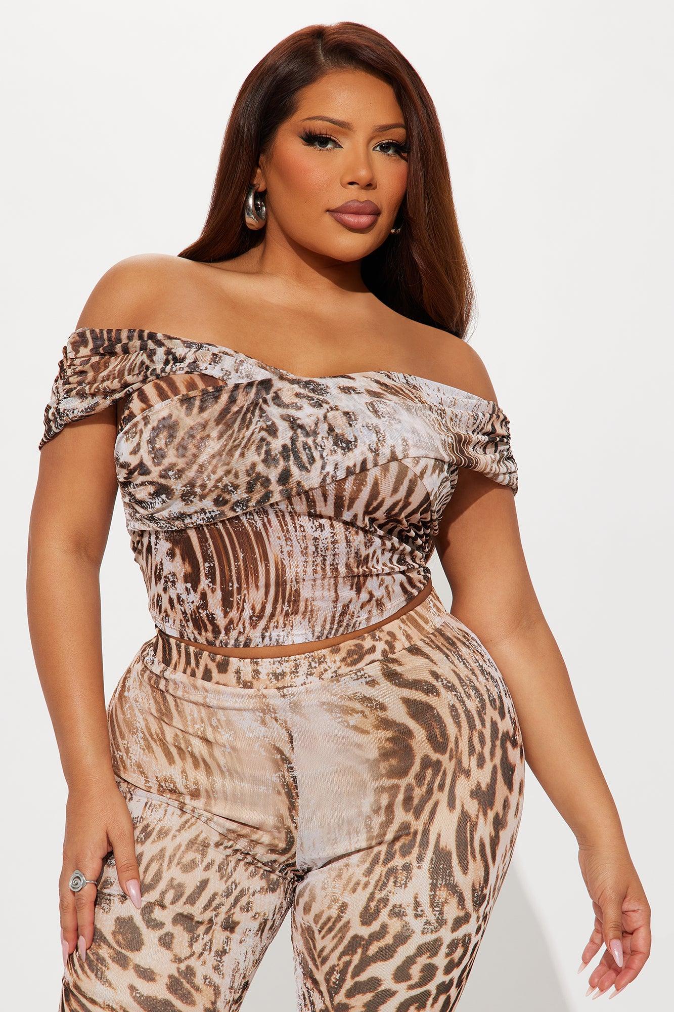 Feline Mesh Leopard Off Shoulder Capri Pant Set - Brown/combo Product Image