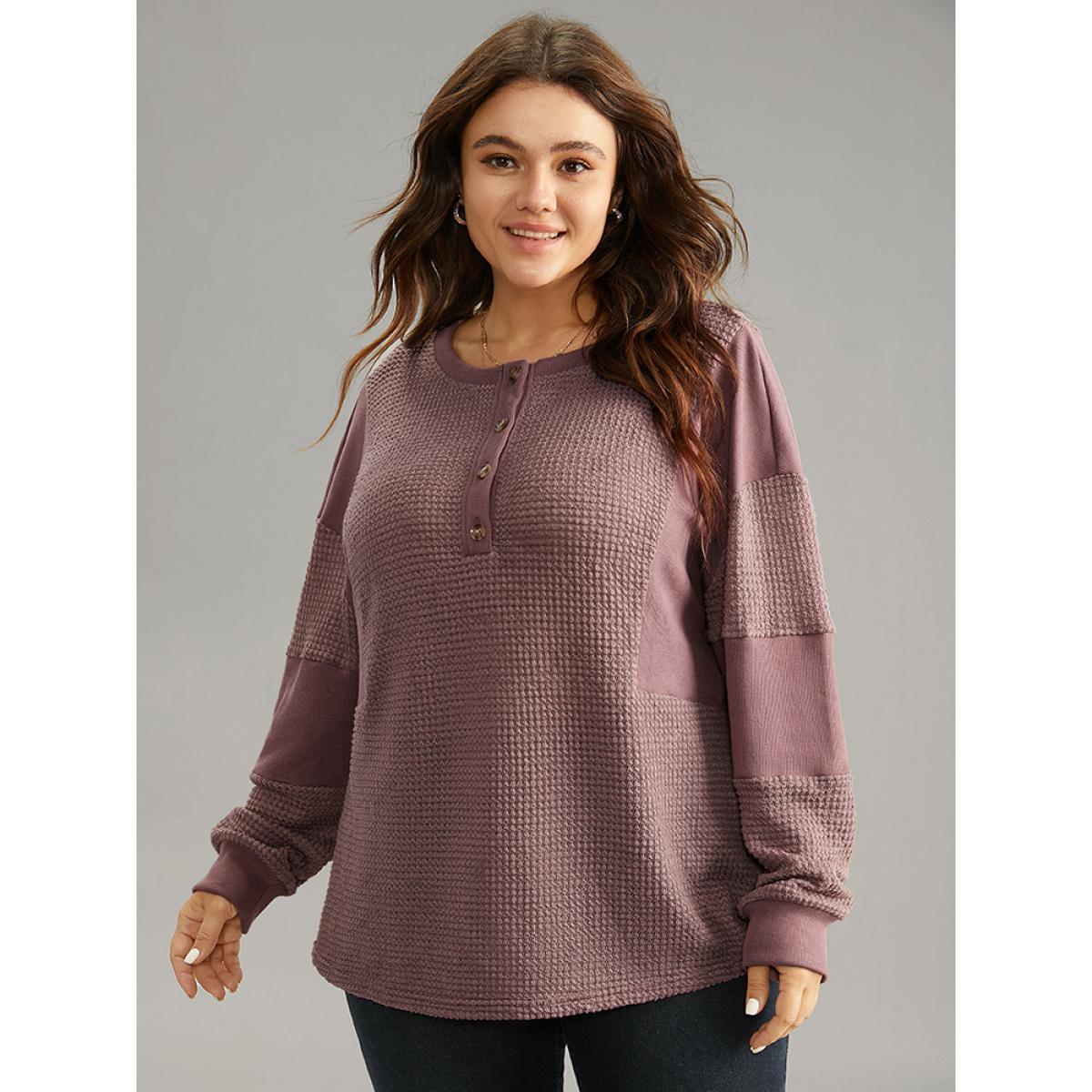 Plus Size Waffle Knit Patchwork Rib Knit Button Down Sweatshirt Women DustyPink Casual Rib Knit Open Front Dailywear Sweatshirts BloomChic 30/6X Product Image