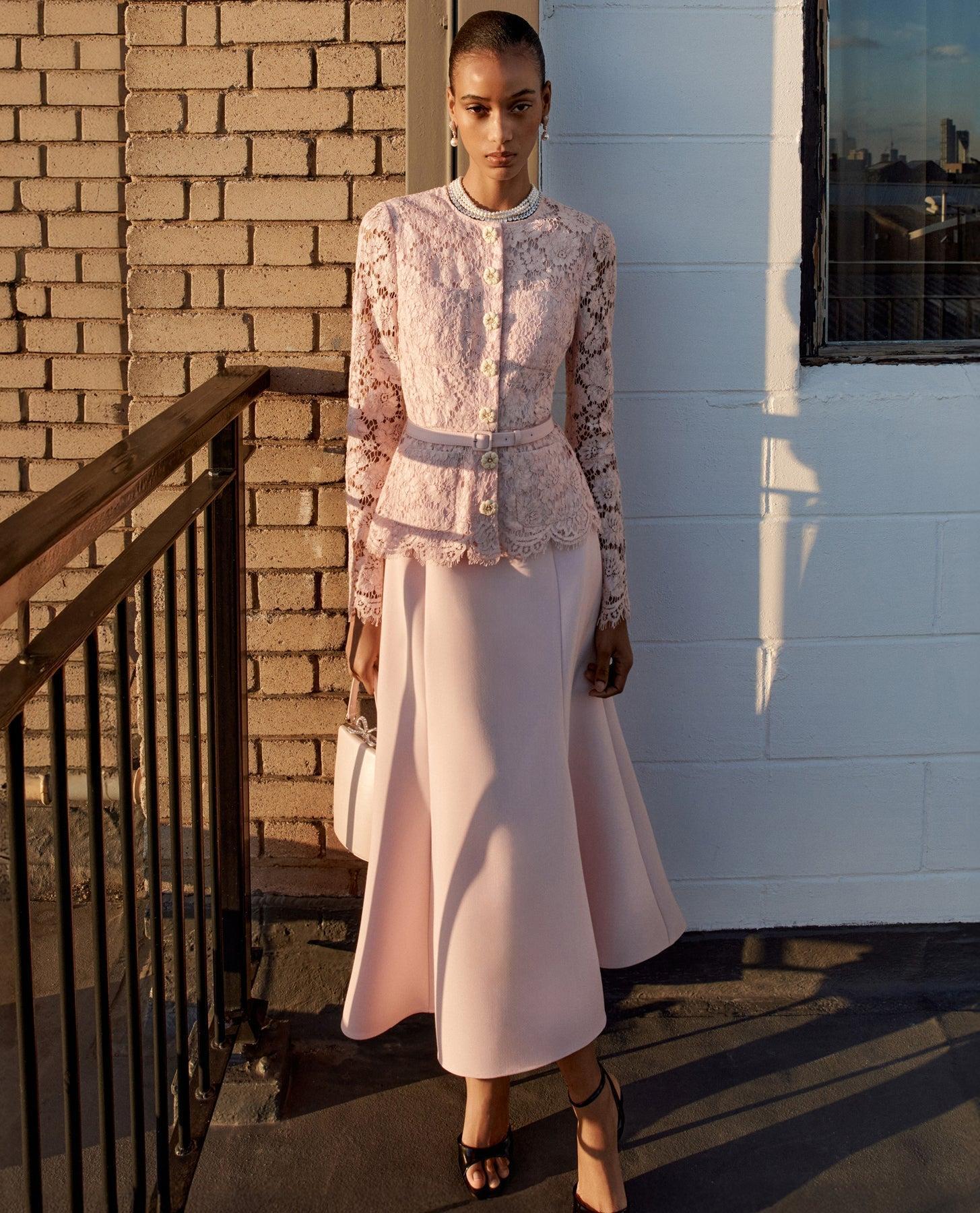 Pink Tailored Lace Midi Dress Product Image