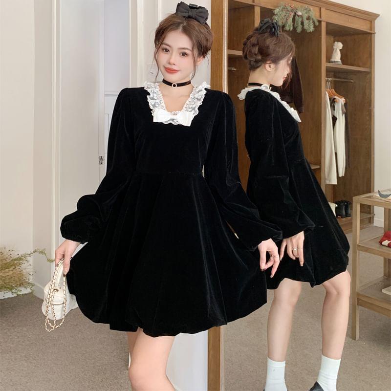 Long-Sleeve V-Neck Ribbon Waist A-Line Dress (Various Designs) Product Image