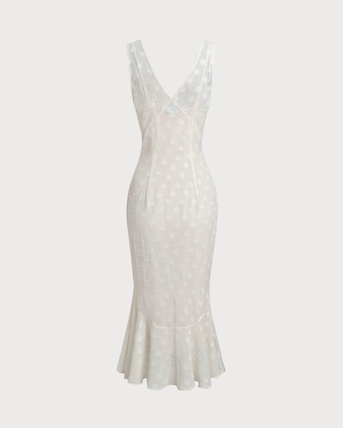 Beige Polka Dot V-Neck Midi Dress Product Image