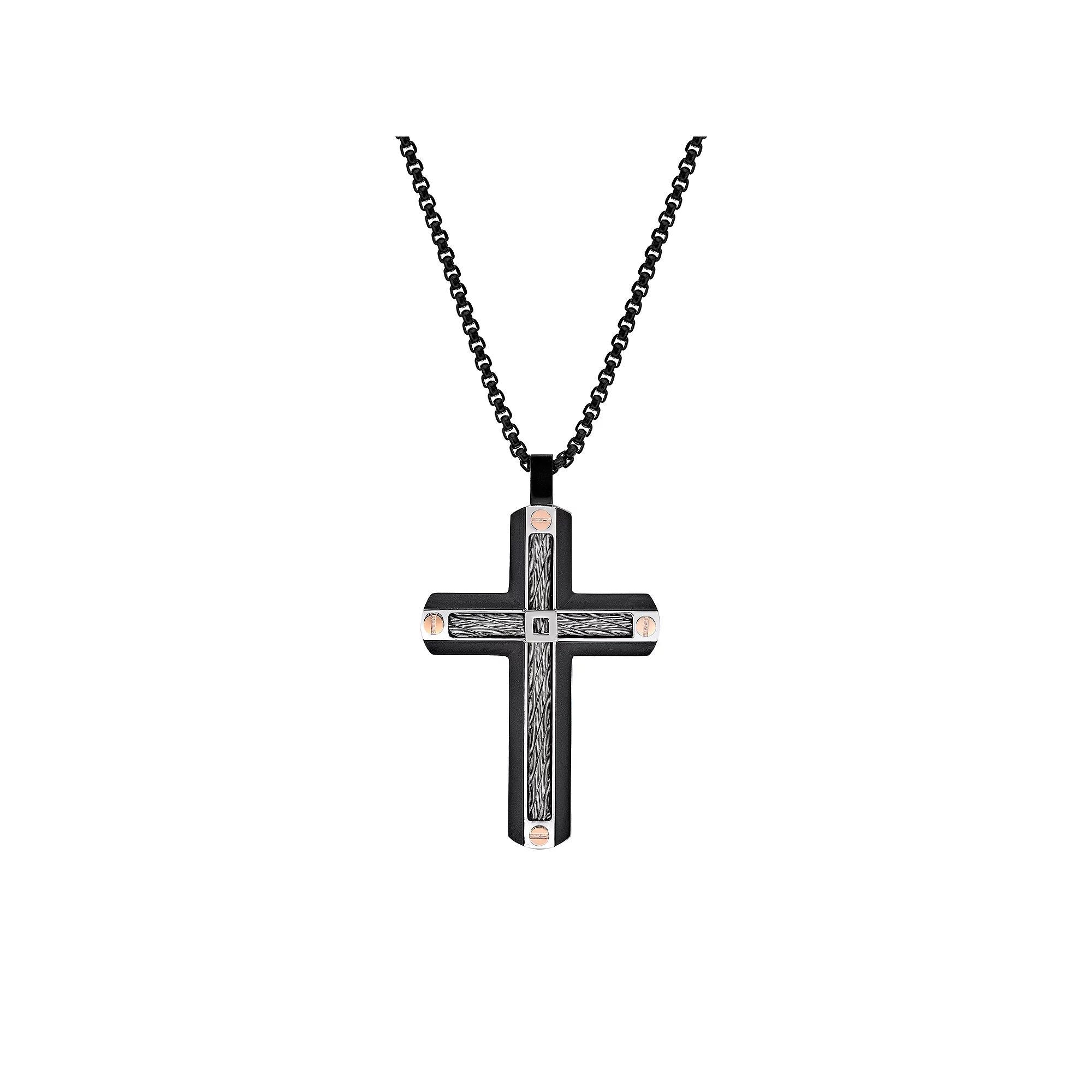 Men's LYNX Tri-Tone Ion Plated Stainless Steel Cross Pendant Necklace, Size: 24" Product Image
