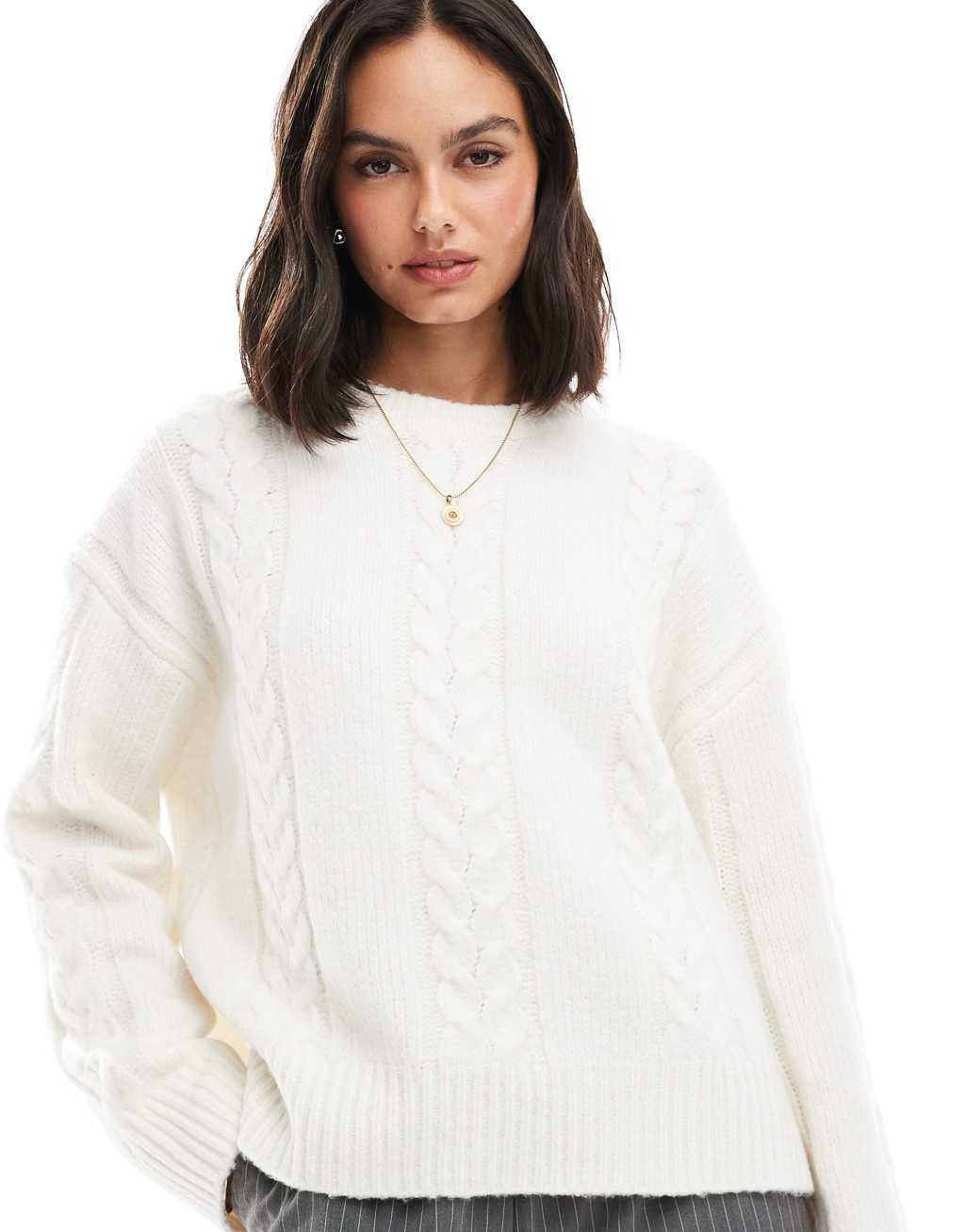ASOS DESIGN cable crew neck sweater in cream Product Image