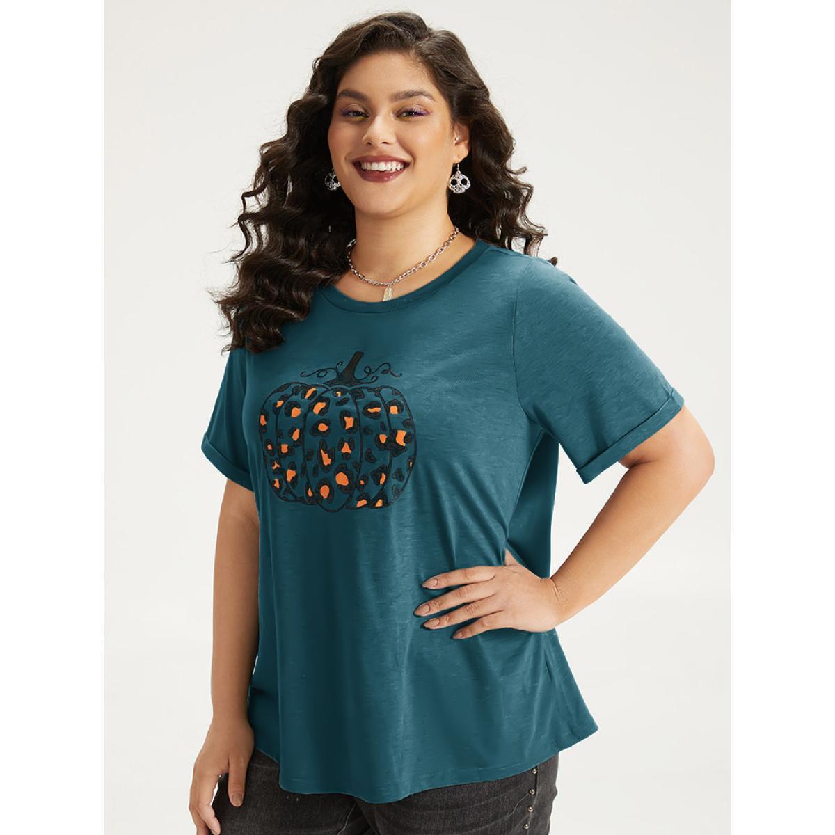 Plus Size Halloween Pumpkin Print Crew Neck T-shirt Red Women Casual Printed Halloween Dailywear T-shirts BloomChic 18-20/2X Product Image