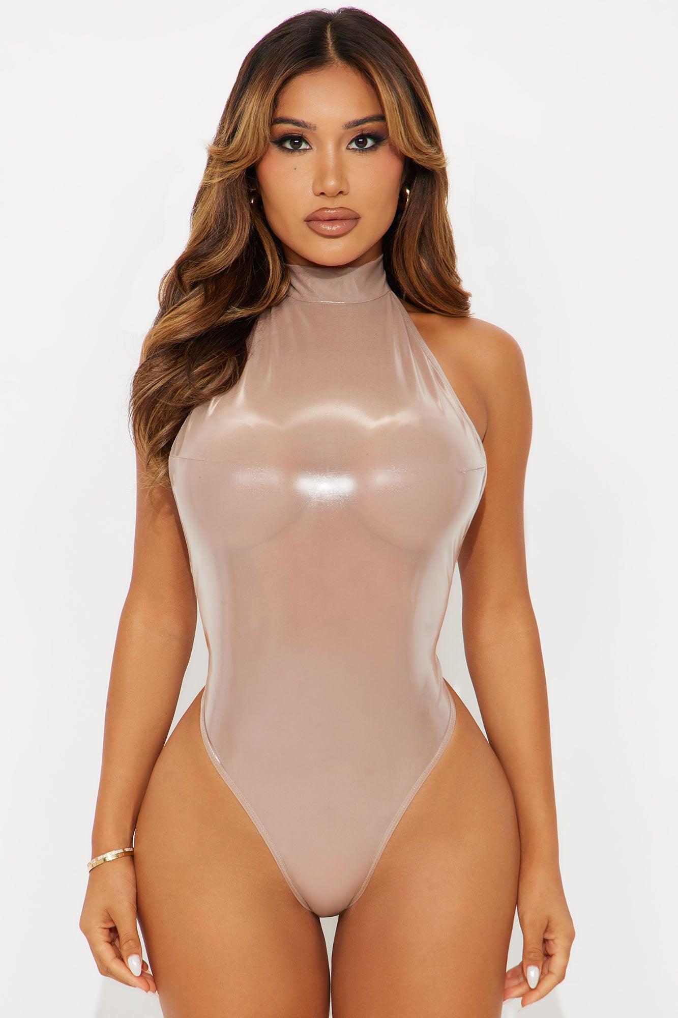 Newly Exposed Latex Mock Neck Bodysuit - Nude Product Image