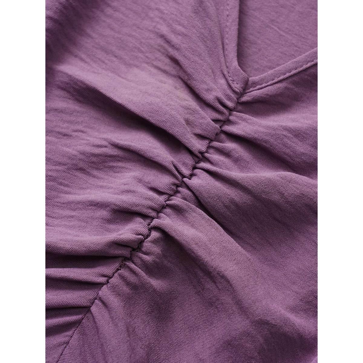 Plus Size Solid Ruched Raglan Sleeve Layered Hem Dress Mauve Women Elegant Elastic cuffs V-neck Long Sleeve Curvy Midi Dress BloomChic 22-24/3X Product Image