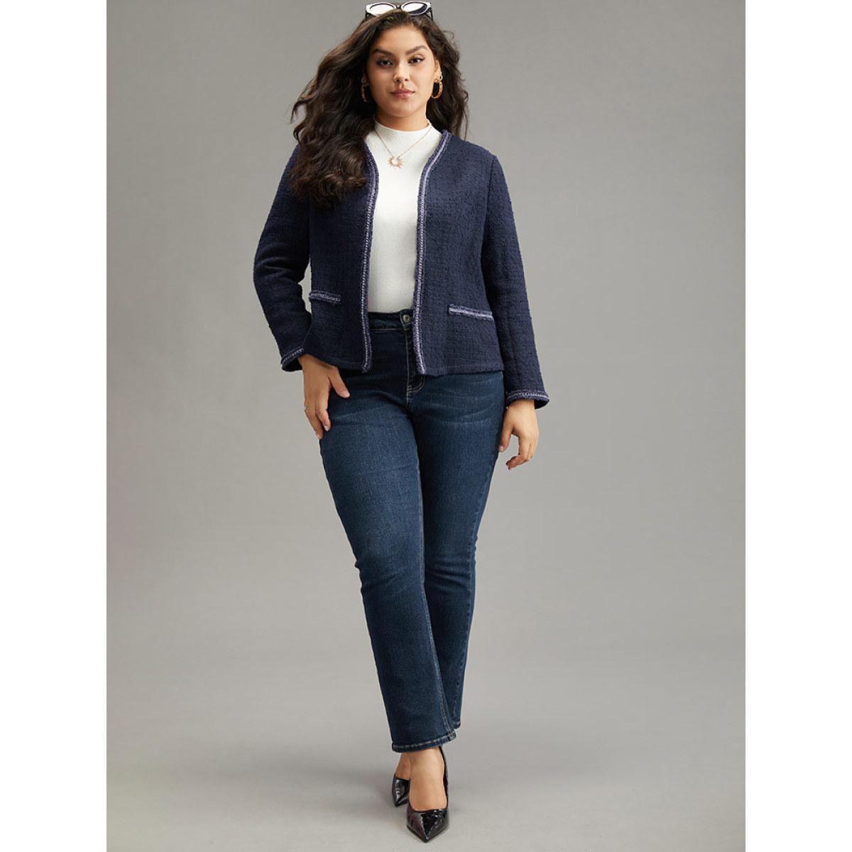 Plus Size Solid Open Front Patchwork Stitch Blazer Women Indigo Elegant Contrast Ladies Everyday Winter Coats BloomChic 30/6X Product Image