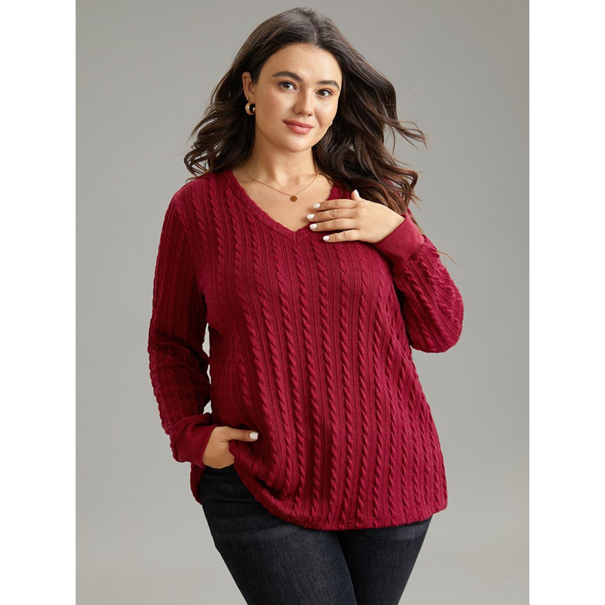 Plus Size Rib Knit Plain Elastic Cuffs Sweatshirt Women Scarlet Elegant Rib Knit V-neck Dailywear Sweatshirts BloomChic 14-16/1X Product Image
