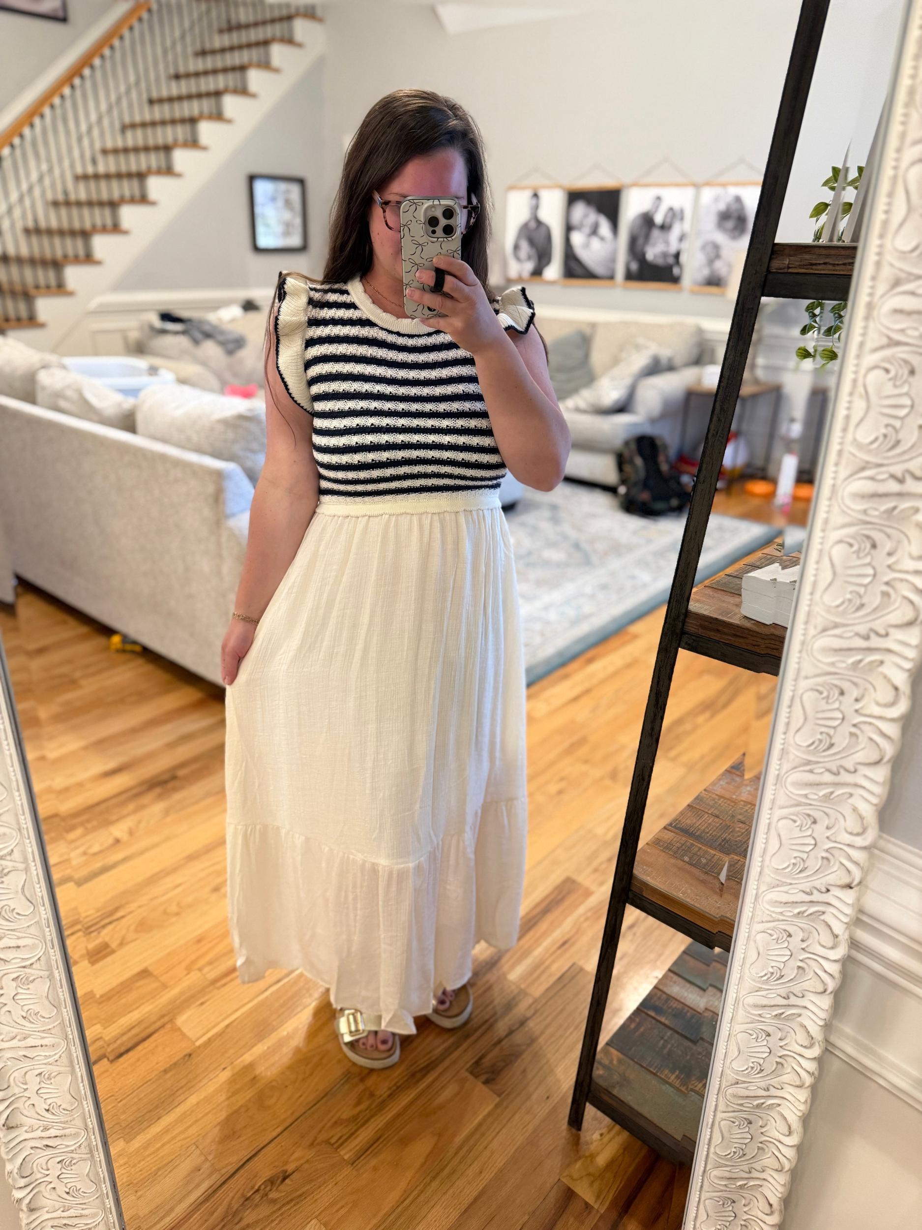 STRIPE SWEATER TOP MIXED MEDIA MIDI DRESS: NAVY Product Image