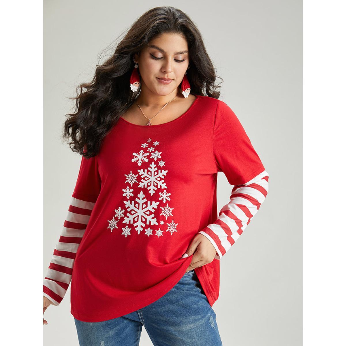 Plus Size Snowflake Striped Patchwork T-shirt Red Women Casual Contrast Christmas Round Neck Festival-Christmas T-shirts BloomChic 18-20/2X Product Image