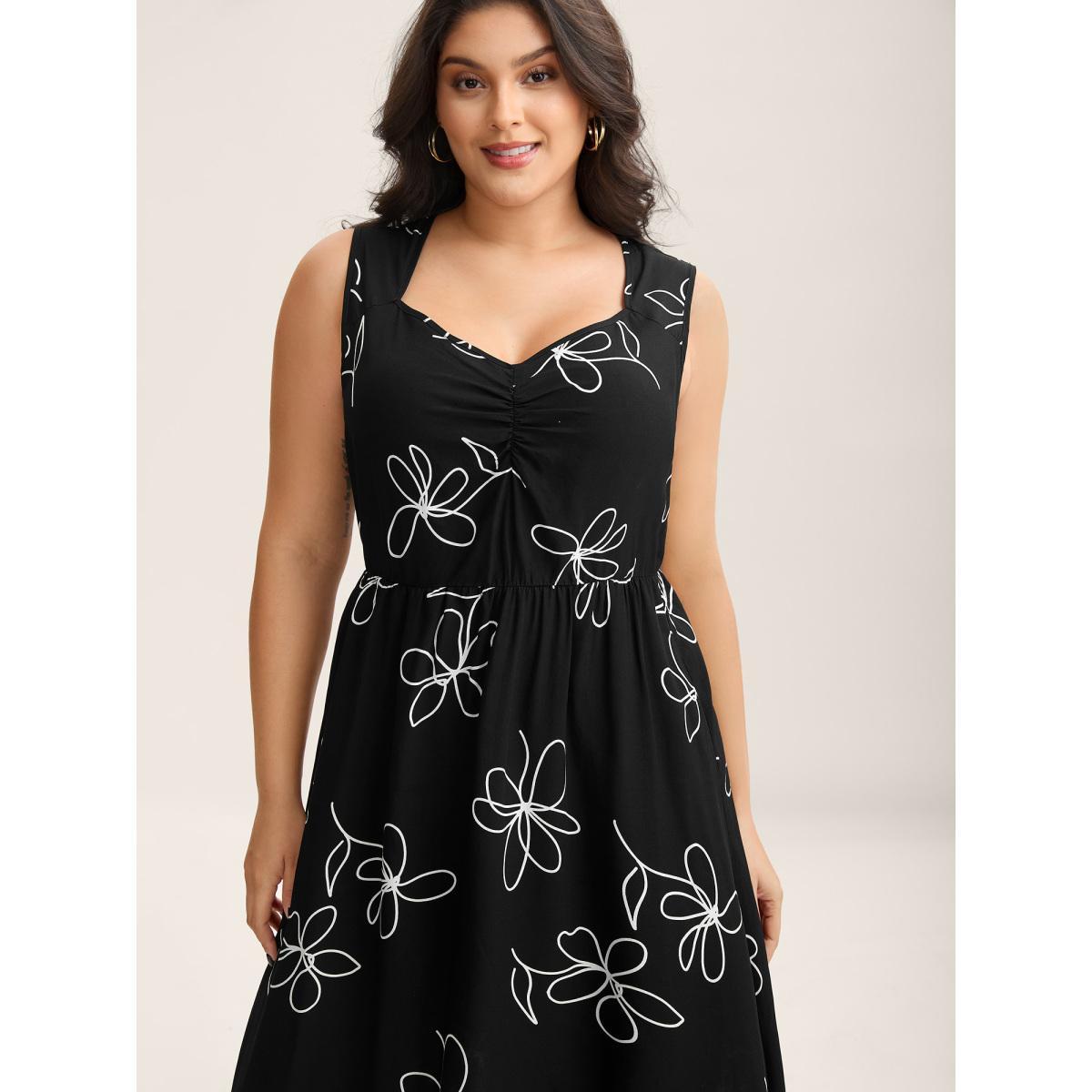 Plus Size Rayon Floral Stretchy Waist Midi Dress BlackFlower Women Heart neckline Sleeveless Curvy BloomChic 26/4X Product Image