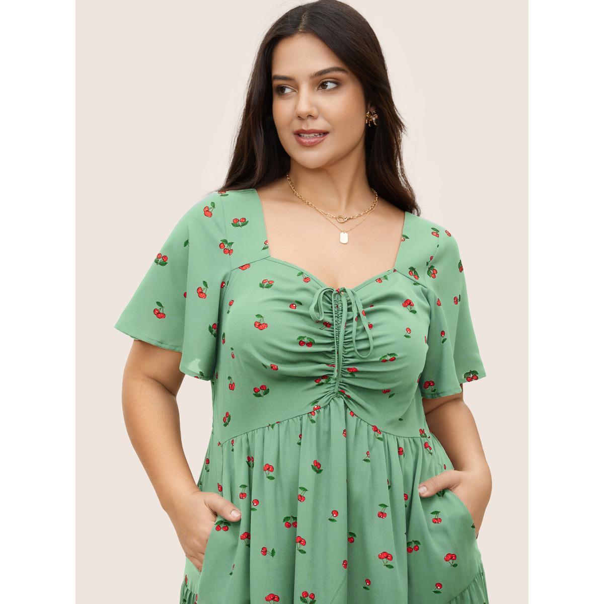 Plus Size Citrus Fruit Print Heart Neckline Drawstring Pleated Dress Palemauve Women Elegant Pleated Heart neckline Short sleeve Curvy Midi Dress BloomChic 28/5X Product Image