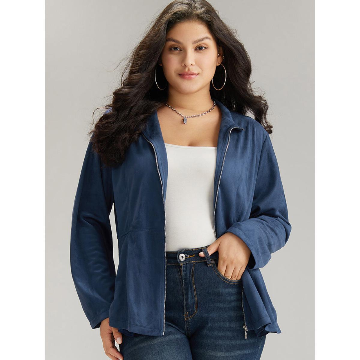 Plus Size Solid Pocket Zipper Jacket Women Indigo Plain Pocket Dailywear Jackets BloomChic 10/M Product Image