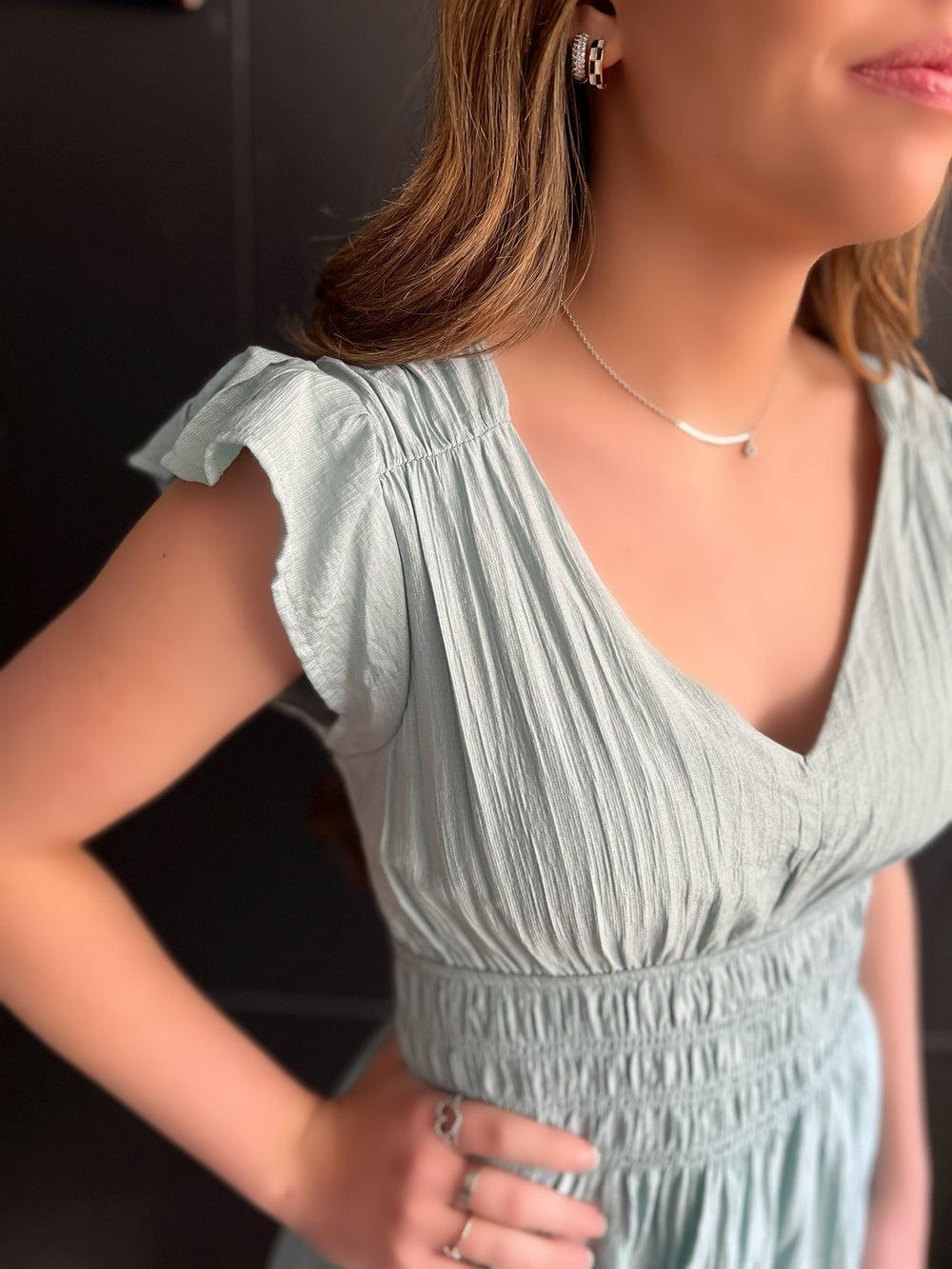 Dusty Mint Back Tie Ruffle Dress Product Image