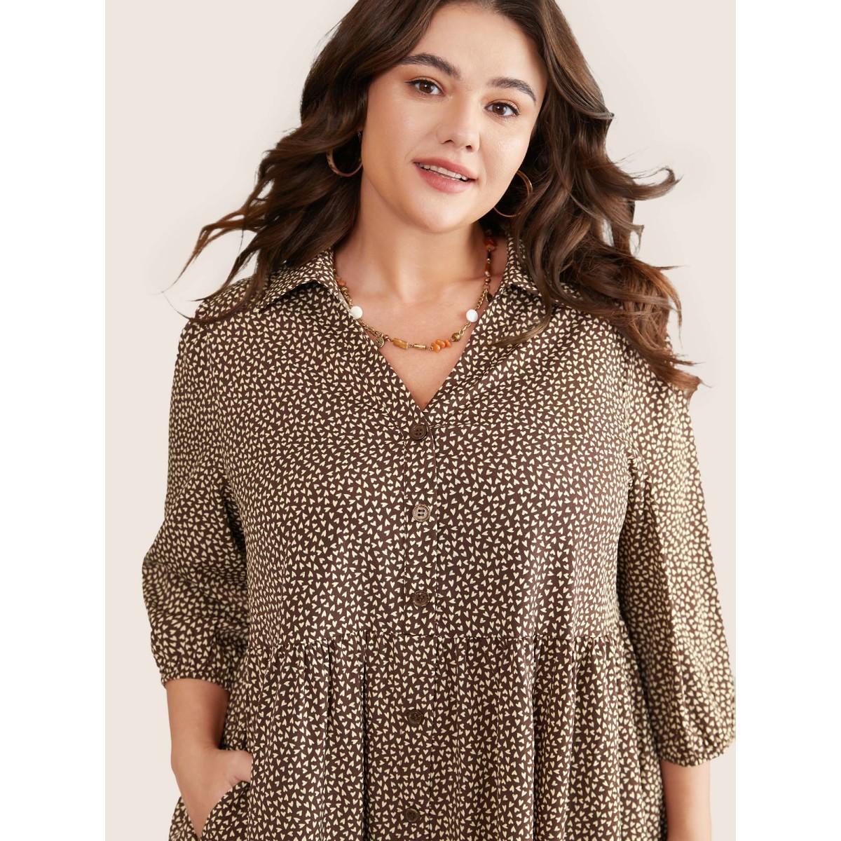Plus Size Heart Print Lapel Collar Button Detail Knee Dress DarkBrown Women Casual Elastic cuffs Lapel Collar Elbow-length sleeve Curvy Knee Dress BloomChic 28/5X Product Image