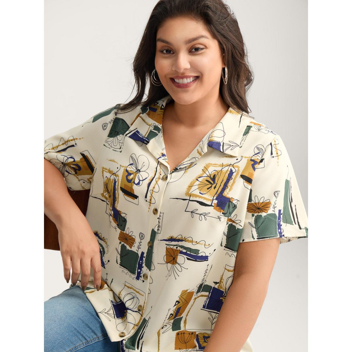 Plus Size Ivory Floral Notes Collared Blouse Women Short sleeve Shirt collar Everyday-Casual Blouses BloomChic 26/4X Product Image
