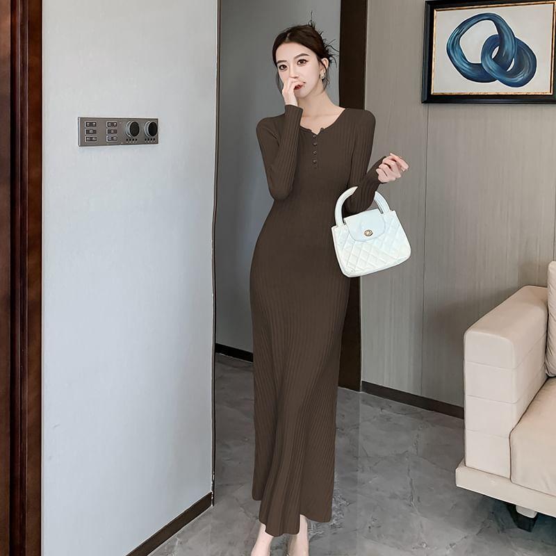 Long-Sleeve Crew Neck Plain Buttoned Maxi Sheath Dress Product Image