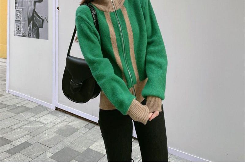 Stand Collar Two Tone Zip-Up Cardigan Product Image