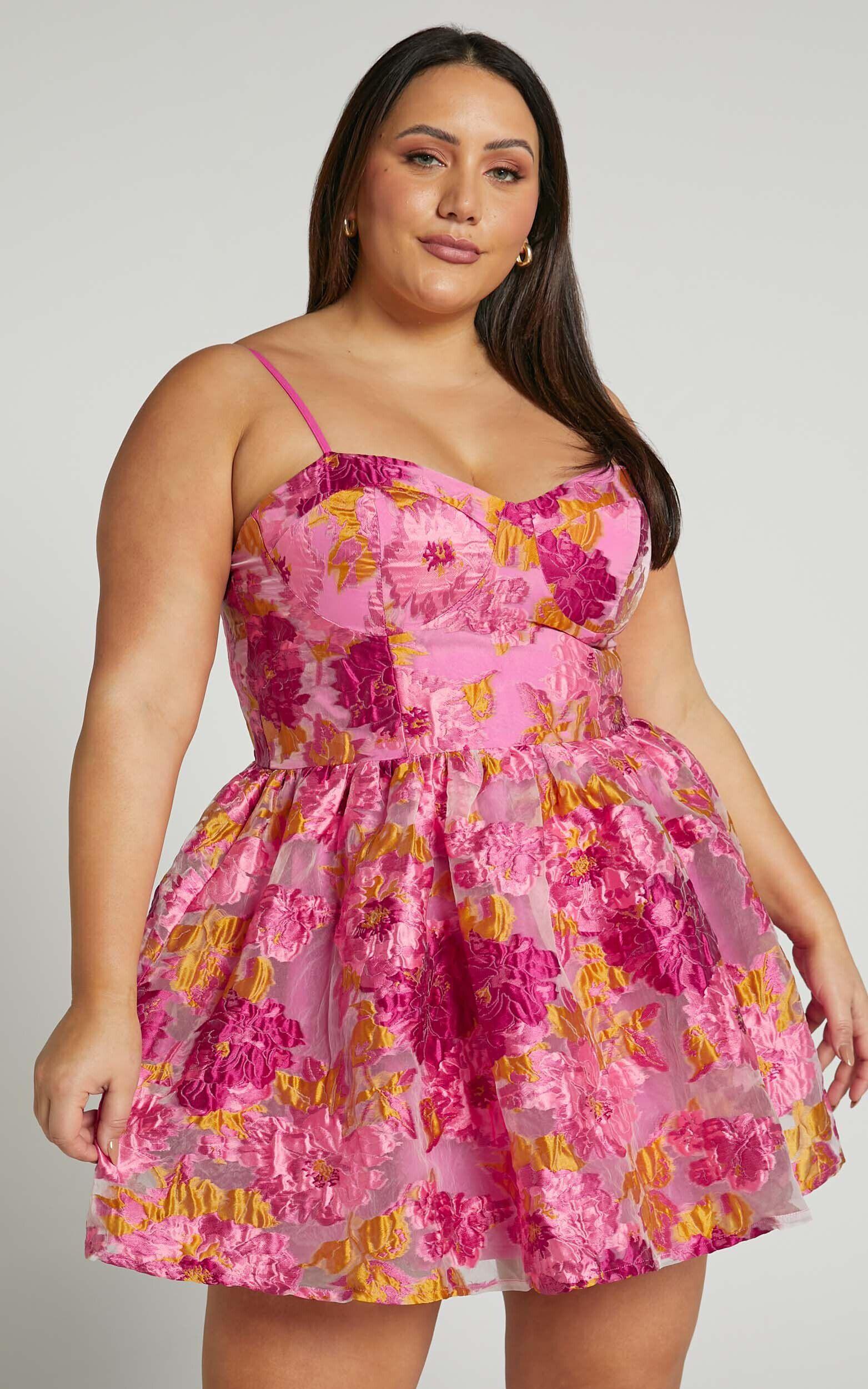Brailey Mini Dress - Sweetheart Bustier Dress in Pink Jacquard Product Image