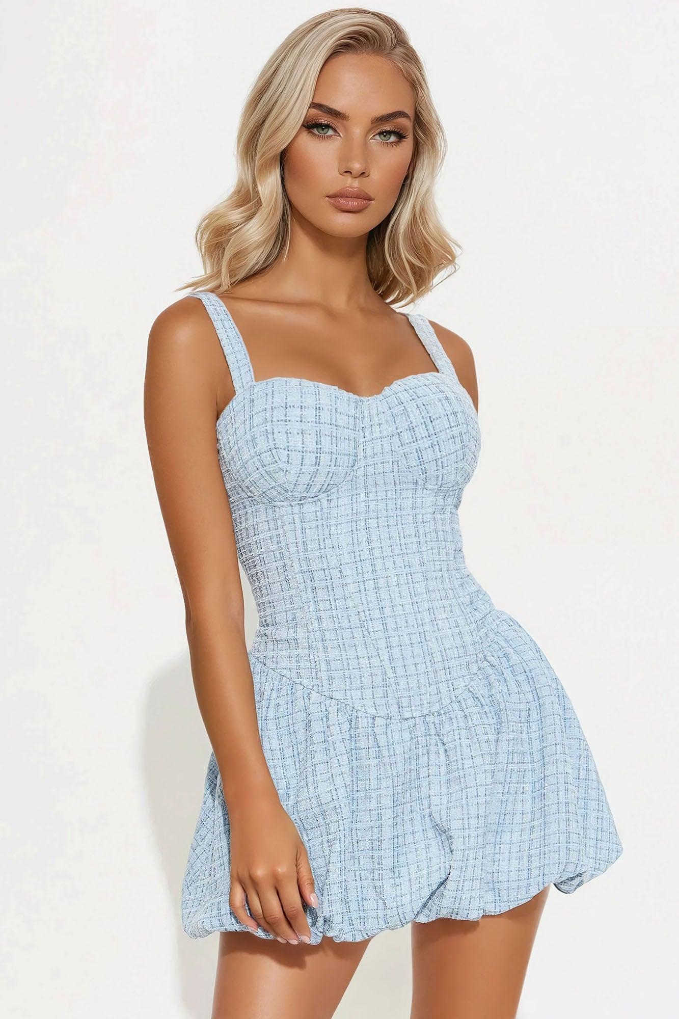 Alana Tweed Bubble Micro Mini Dress - Light Blue Product Image