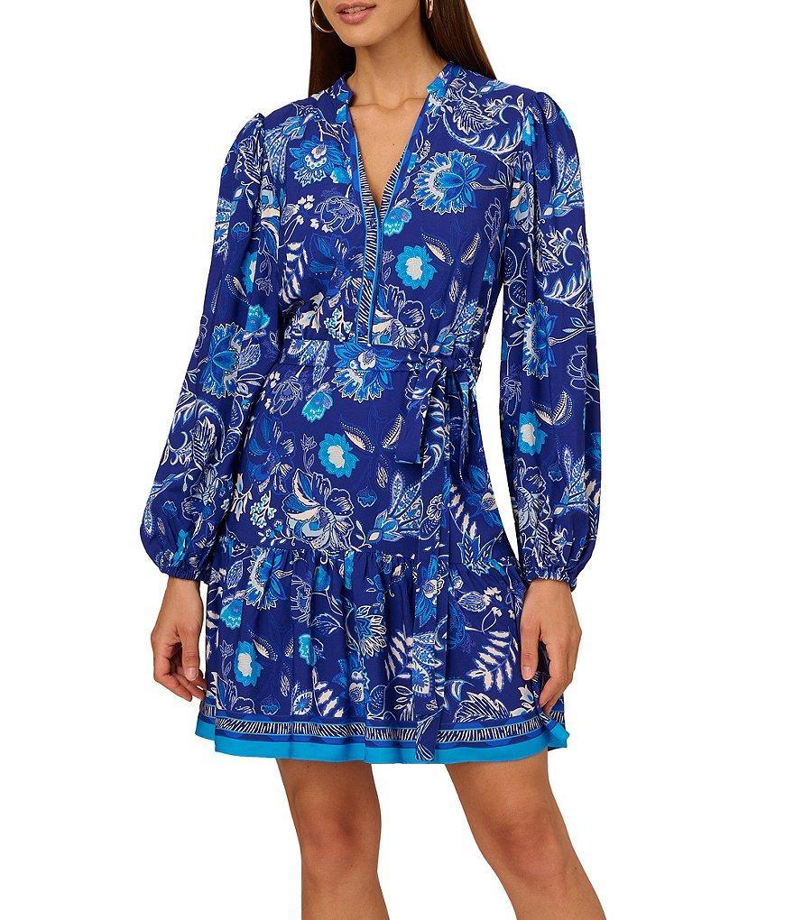 Adrianna by Adrianna Papell Printed Split V-Neck Long Blouson Sleeve Self Tie Belt A-Line Dress Product Image