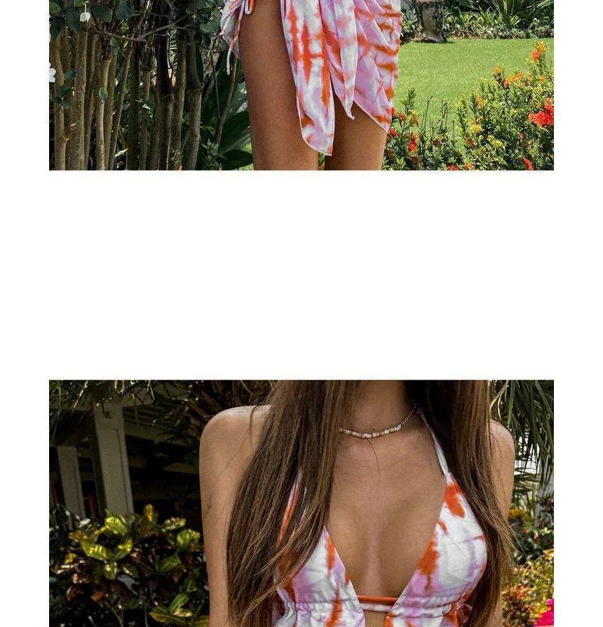 Set: Tie-Dyed Halter Bikini Top + Bottom + Cover-Up Skirt Product Image