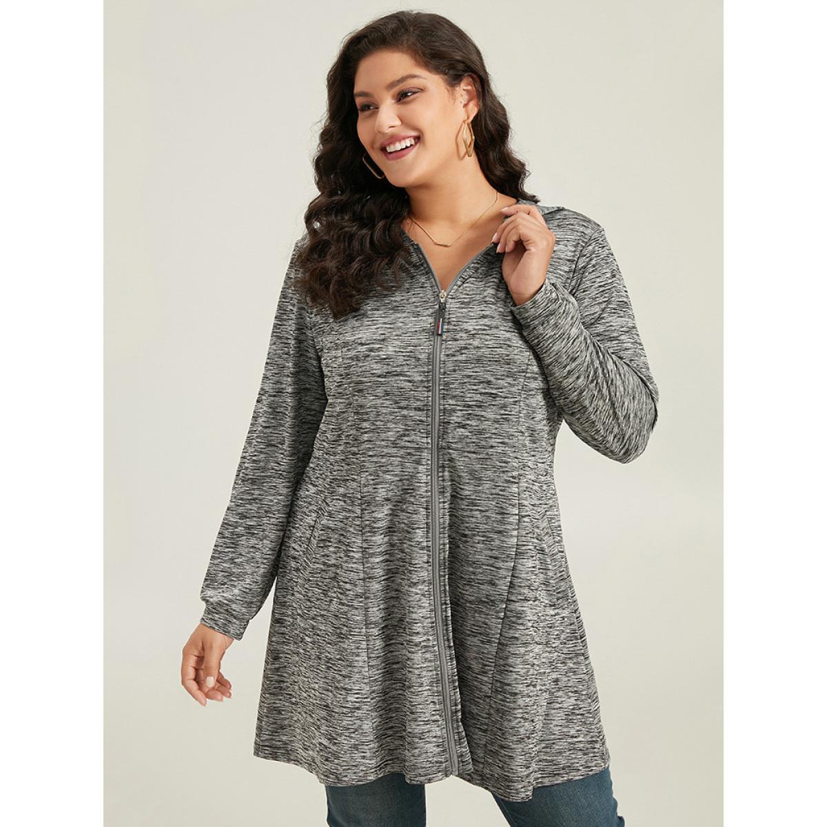 Plus Size Plain Heather Zipper Pocket Hooded Jacket Women DimGray Plain Pocket Dailywear Jackets BloomChic 30/6X Product Image