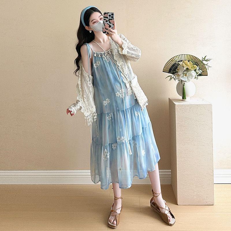 Maternity Spaghetti Strap Square Neck Floral Print Midi A-Line Dress / Lace Light Cardigan Product Image