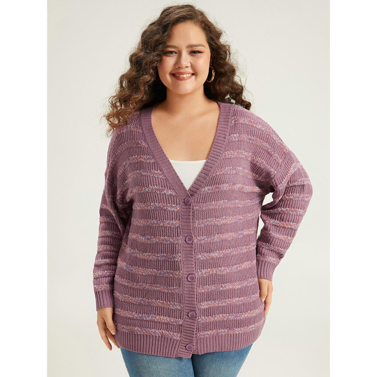 Plus Size Contrast Drop Shoulder Button Through Cardigan Mauve Women Casual Loose Long Sleeve Dailywear Cardigans BloomChic 18-20/2X Product Image
