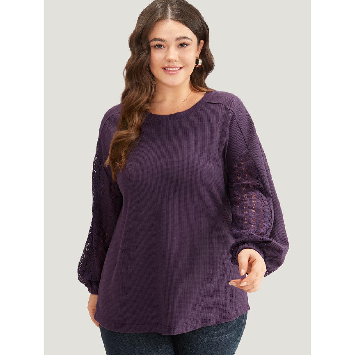 Plus Size Waffle Knit Lace Panel Drop Shoulder Sweatshirt Women Eggplant Elegant Elastic cuffs Round Neck Dailywear Sweatshirts BloomChic 14-16/1X Product Image
