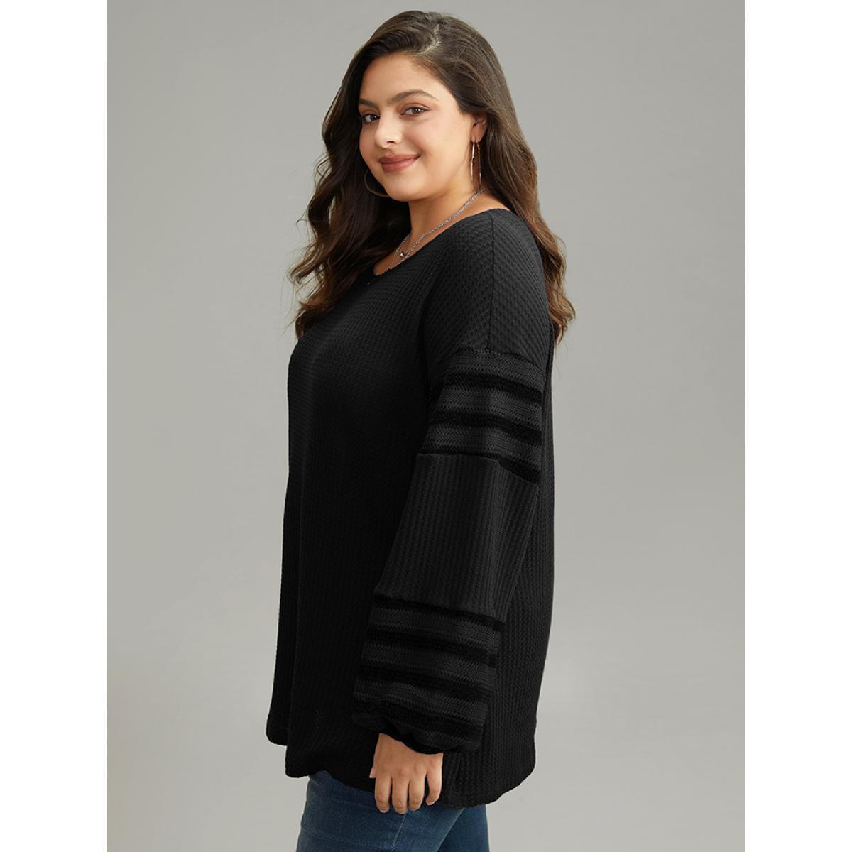 Plus Size Plain Texture Patchwork Hollow Out T-shirt Black Women Casual Elastic cuffs Plain Round Neck Dailywear T-shirts BloomChic 14-16/1X Product Image