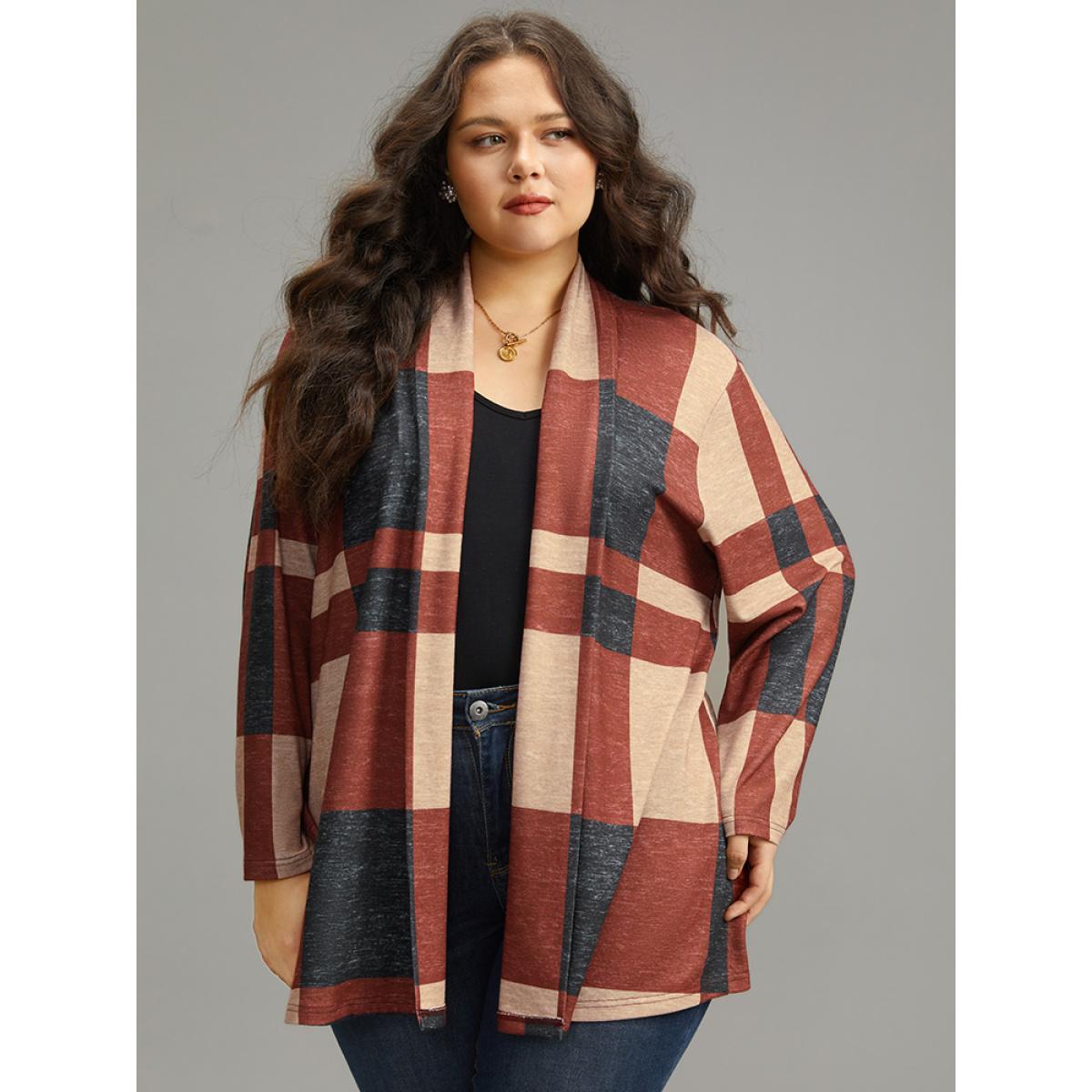 Plus Size Plaid Contrast Open Front Kimono Women Multicolor Elegant Contrast Dailywear Kimonos BloomChic 26/4X Product Image