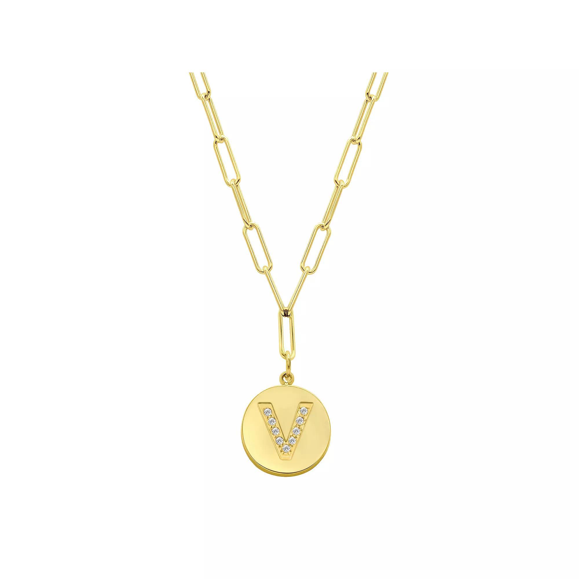 Adornia Gold Tone Adjustable Cubic Zirconia Initial Disc Pendant Paperclip Necklace, Women's, Size: 16-18" ADJ, V Product Image