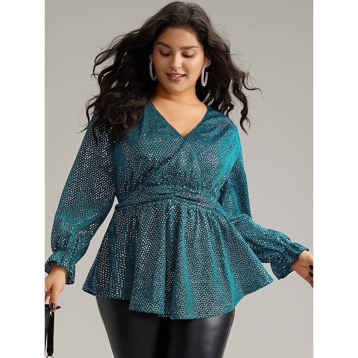 Plus Size Emerald Sequin Wrap Ruffles Ruched Lantern Sleeve Blouse Women Glamour Long Sleeve V-neck Festival-Christmas Blouses BloomChic 28/5X Product Image