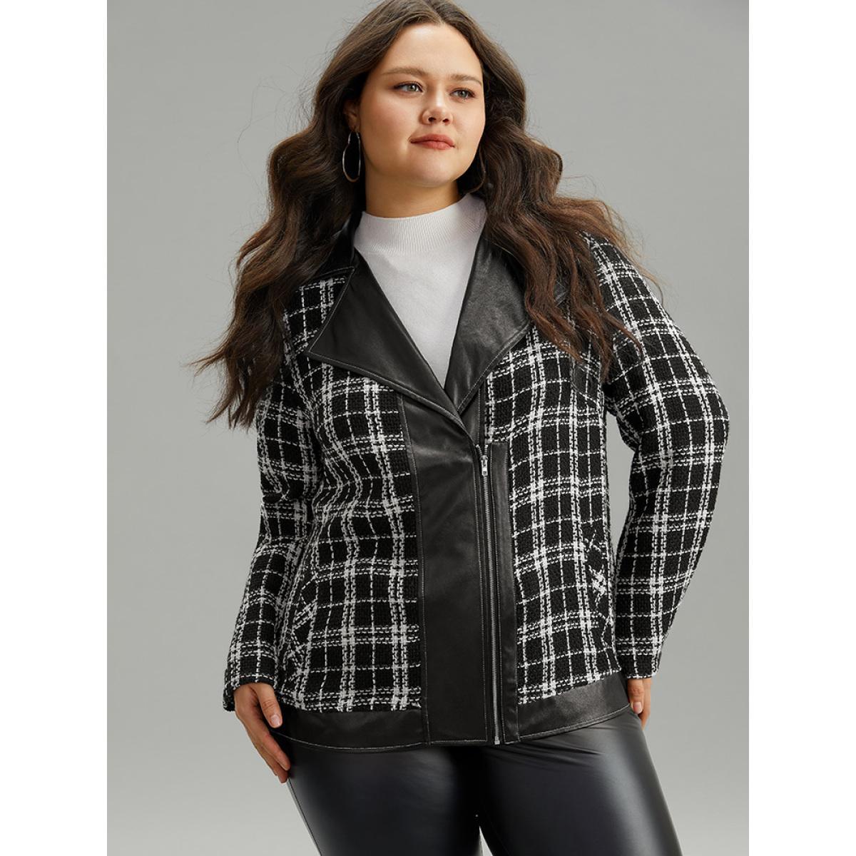 Plus Size Plaid PU Patchwork Zipper Fly Jacket Women Black Contrast Dailywear Jackets BloomChic 30/6X Product Image