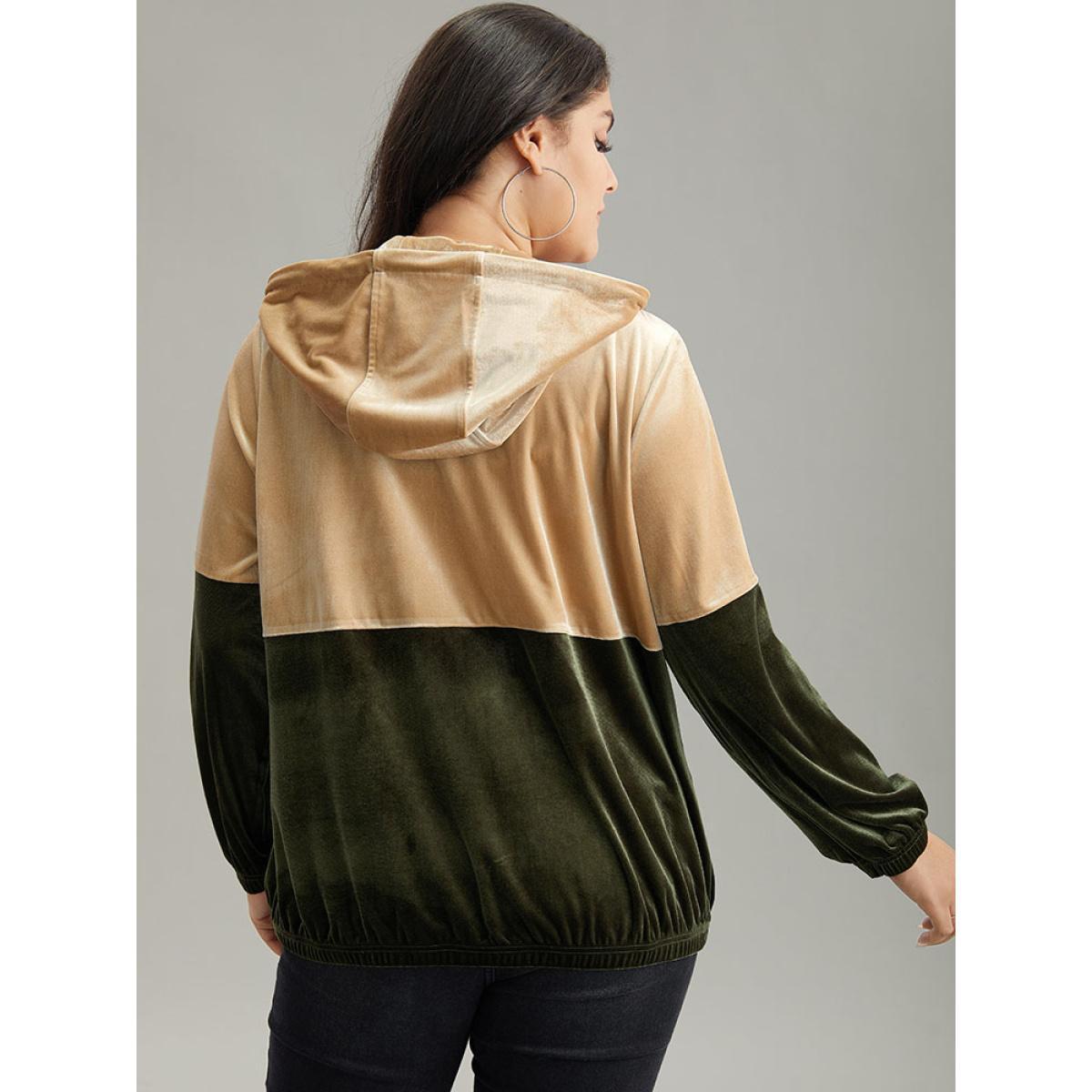 Plus Size Velvet Contrast Hooded Slant Pocket Jacket Women ArmyGreen Velvet Pocket Dailywear Jackets BloomChic 14-16/1X Product Image