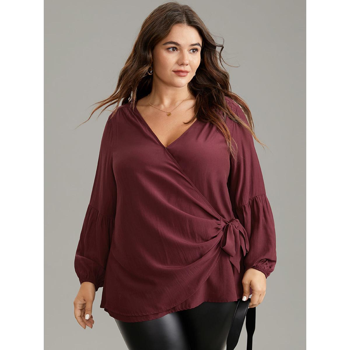 Plus Size Burgundy Supersoft Essentials Solid Wrap Gathered Ties Blouse Women Work From Home Long Sleeve Overlap Collar Work Blouses BloomChic 12/L Product Image