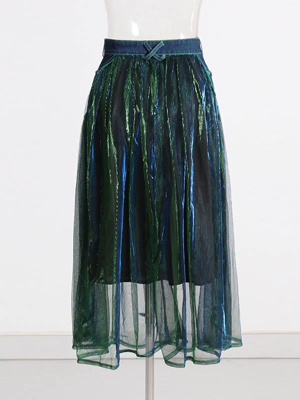 A-Line High Waisted Belted Shiny Skirts Bottoms Product Image