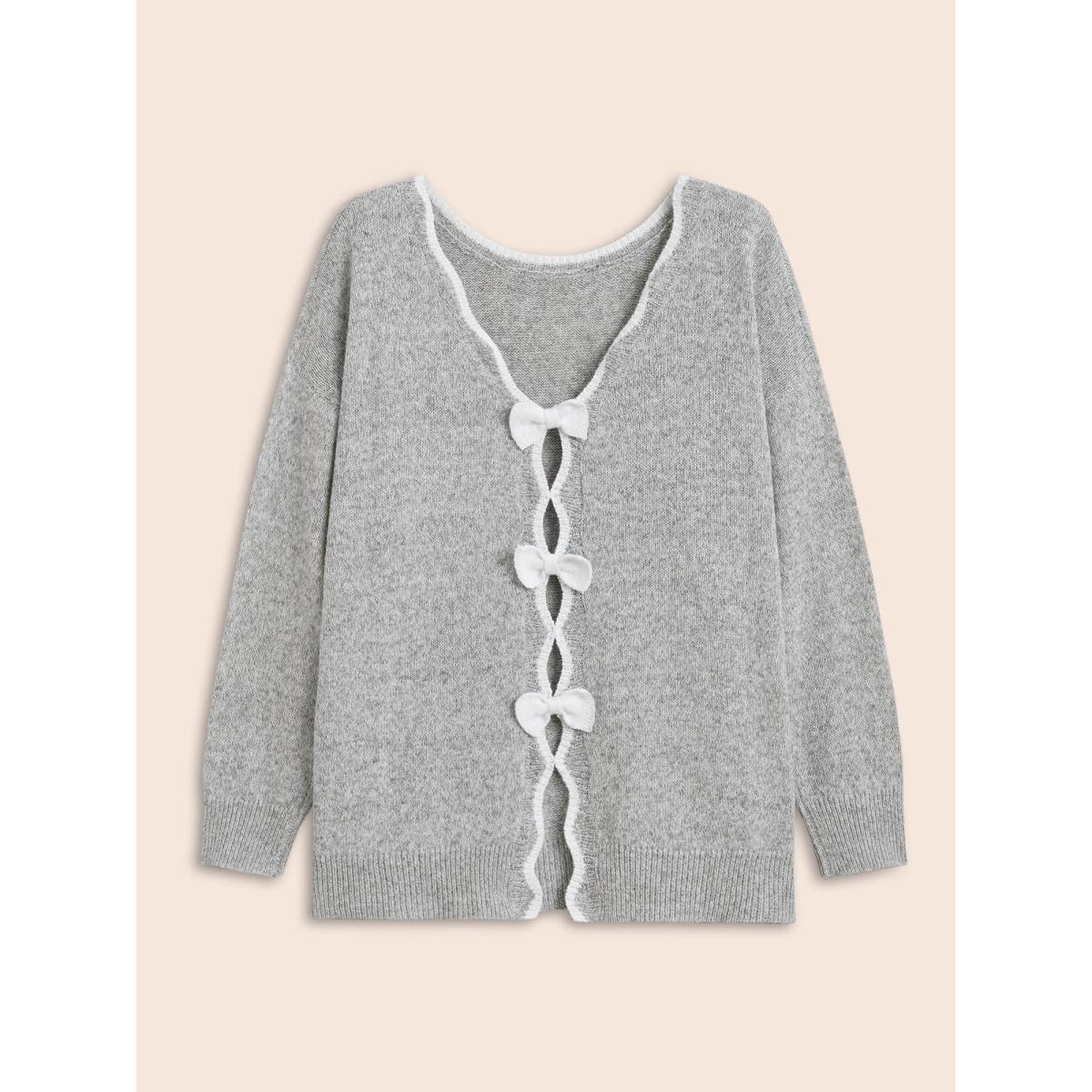 Plus Size Round Neck Bowknot Cut Out Pullover Silver Women Casual Long Sleeve Round Neck Everyday Pullovers BloomChic 30/6X Product Image
