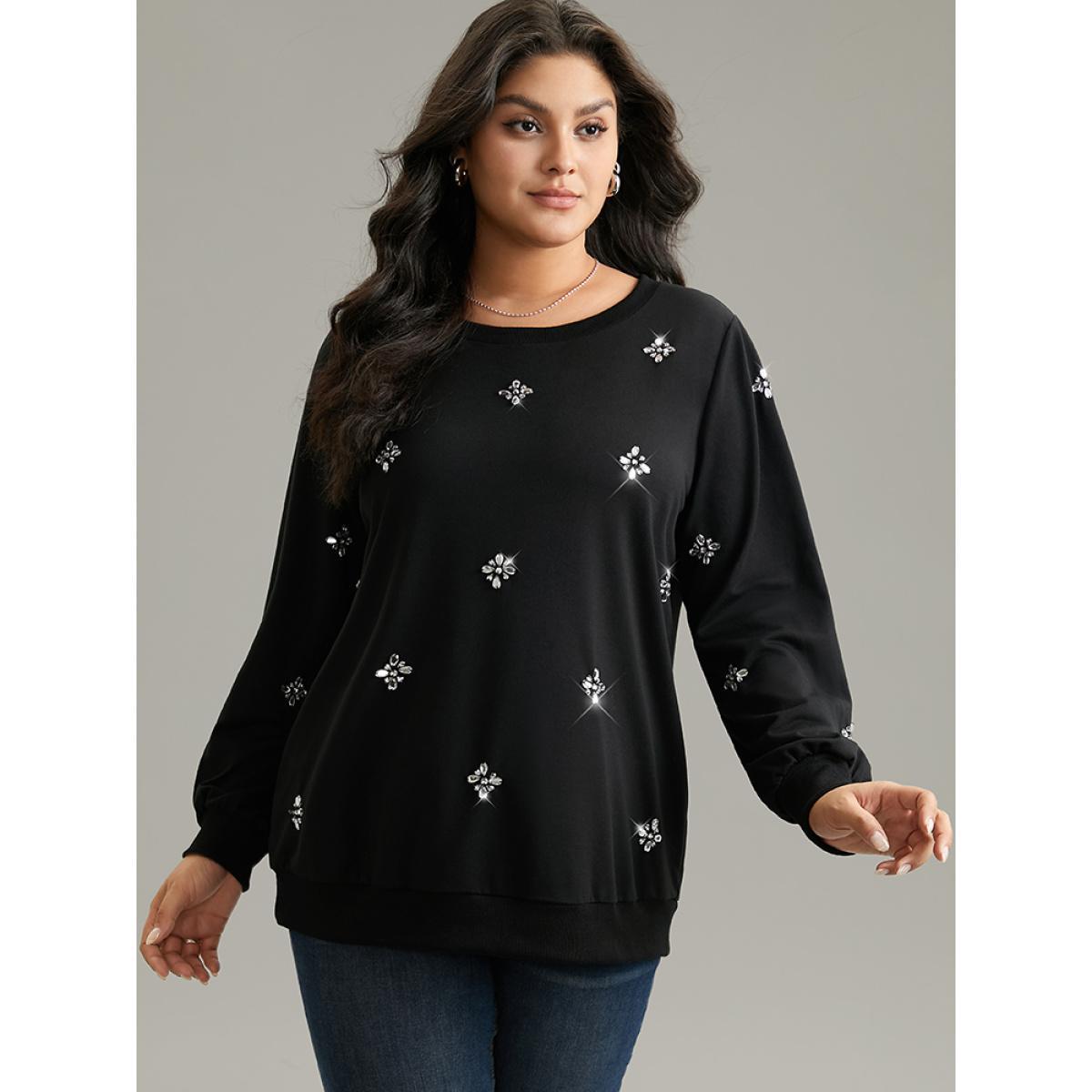 Plus Size Beaded Floral Elastic Cuffs Sweatshirt Women Black Elegant Beaded Round Neck Dailywear Sweatshirts BloomChic 10/M Product Image