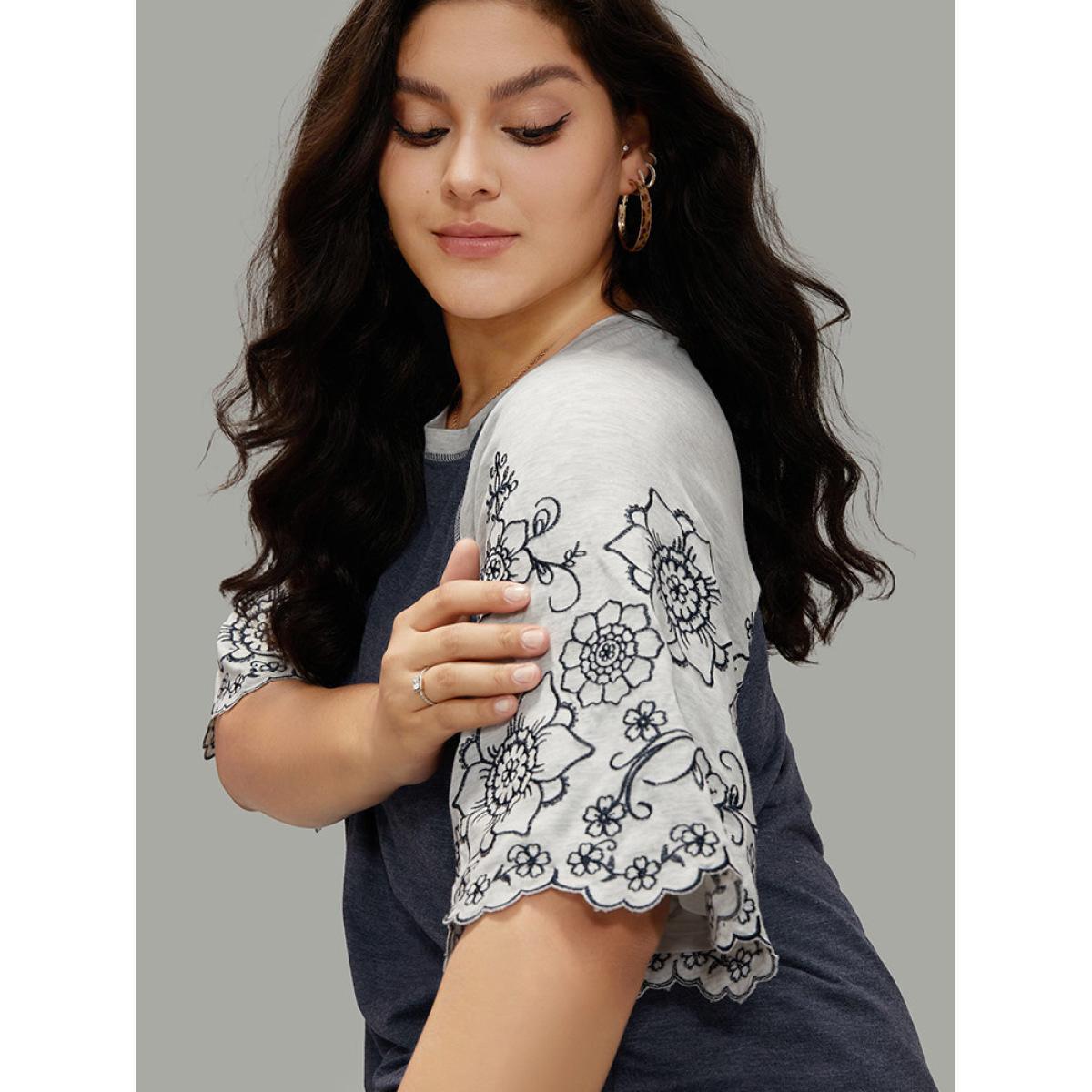 Plus Size Contrast Embroidered Scalloped Trim T-shirt Indigo Women Elegant Contrast Silhouette Floral Print Round Neck Dailywear T-shirts BloomChic 26/4X Product Image