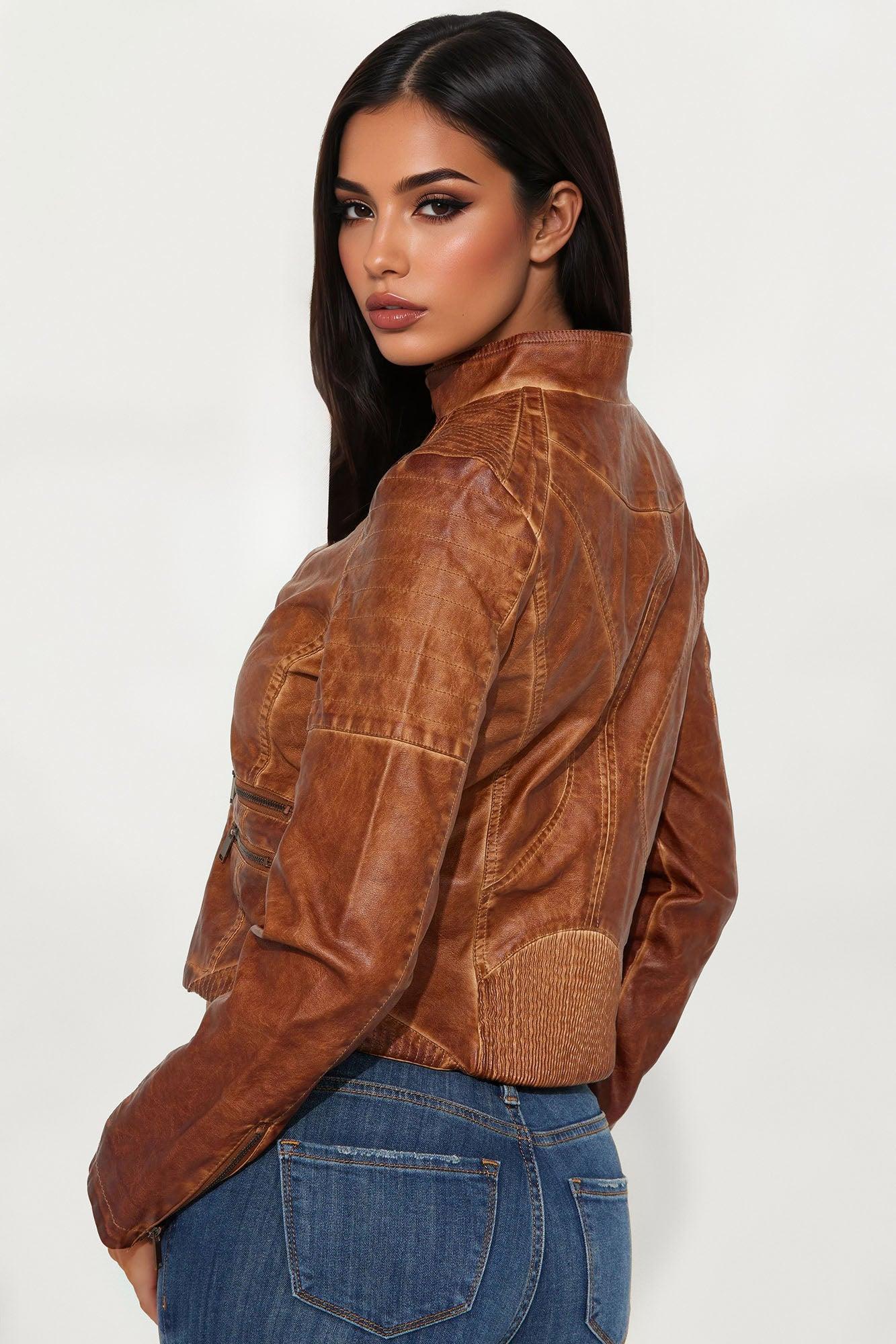 Taking Chances Washed Faux Leather Moto Jacket - Brown Product Image