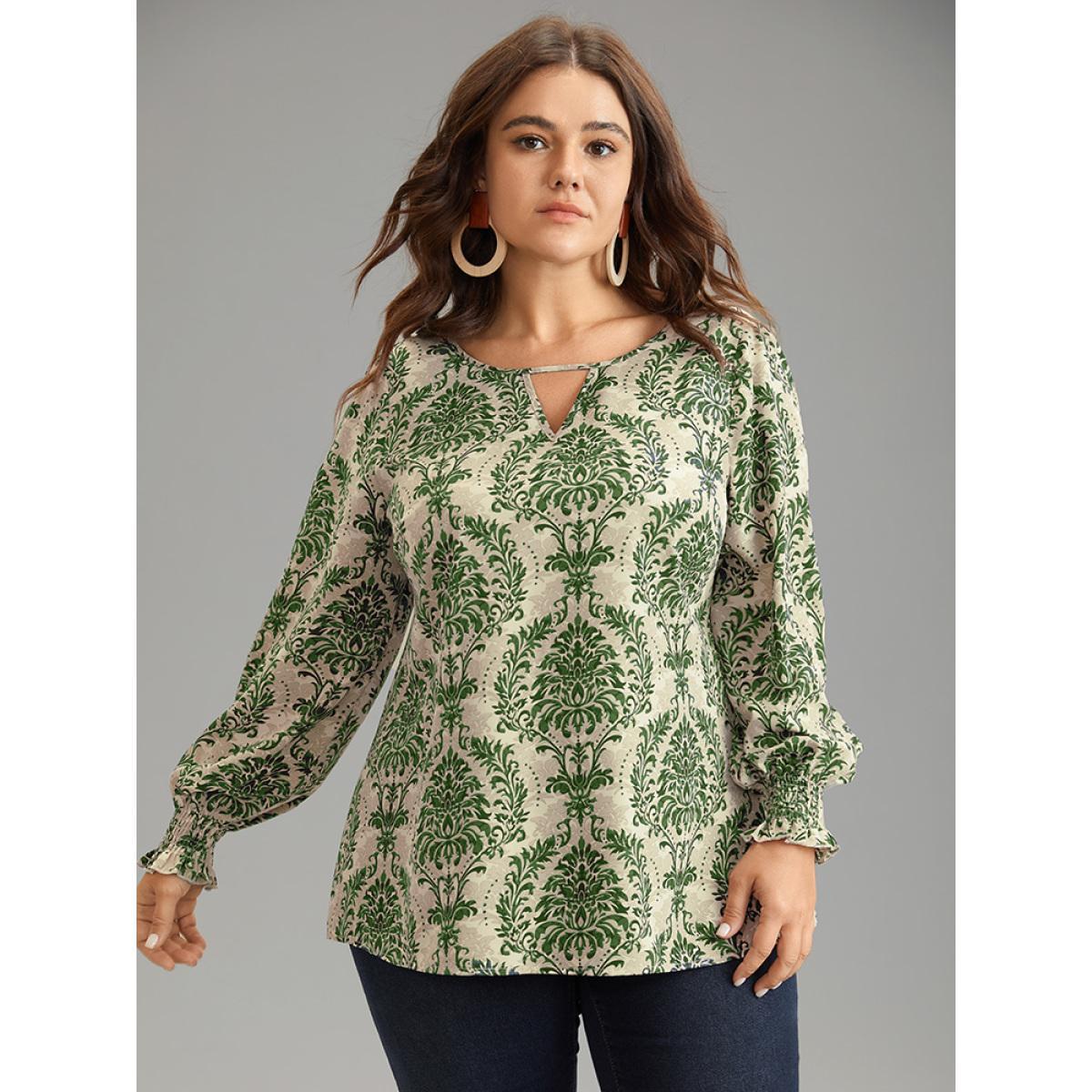 Plus Size Green Bandana Print Keyhole Shirred Lantern Sleeve Blouse Women Vacation Long Sleeve Keyhole Cut-Out Vacation Blouses BloomChic 18-20/2X Product Image