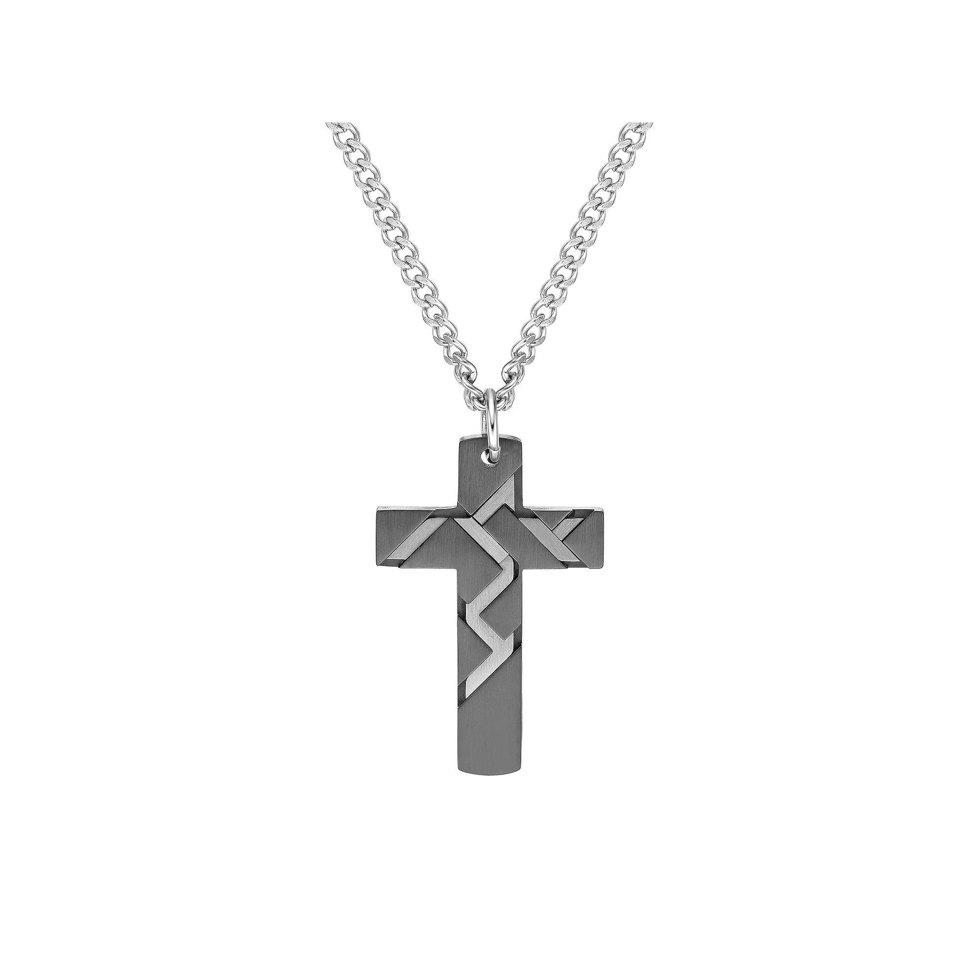 LYNX Mens Black Ion Plated Stainless Steel Cross Pendant Necklace Multi Product Image