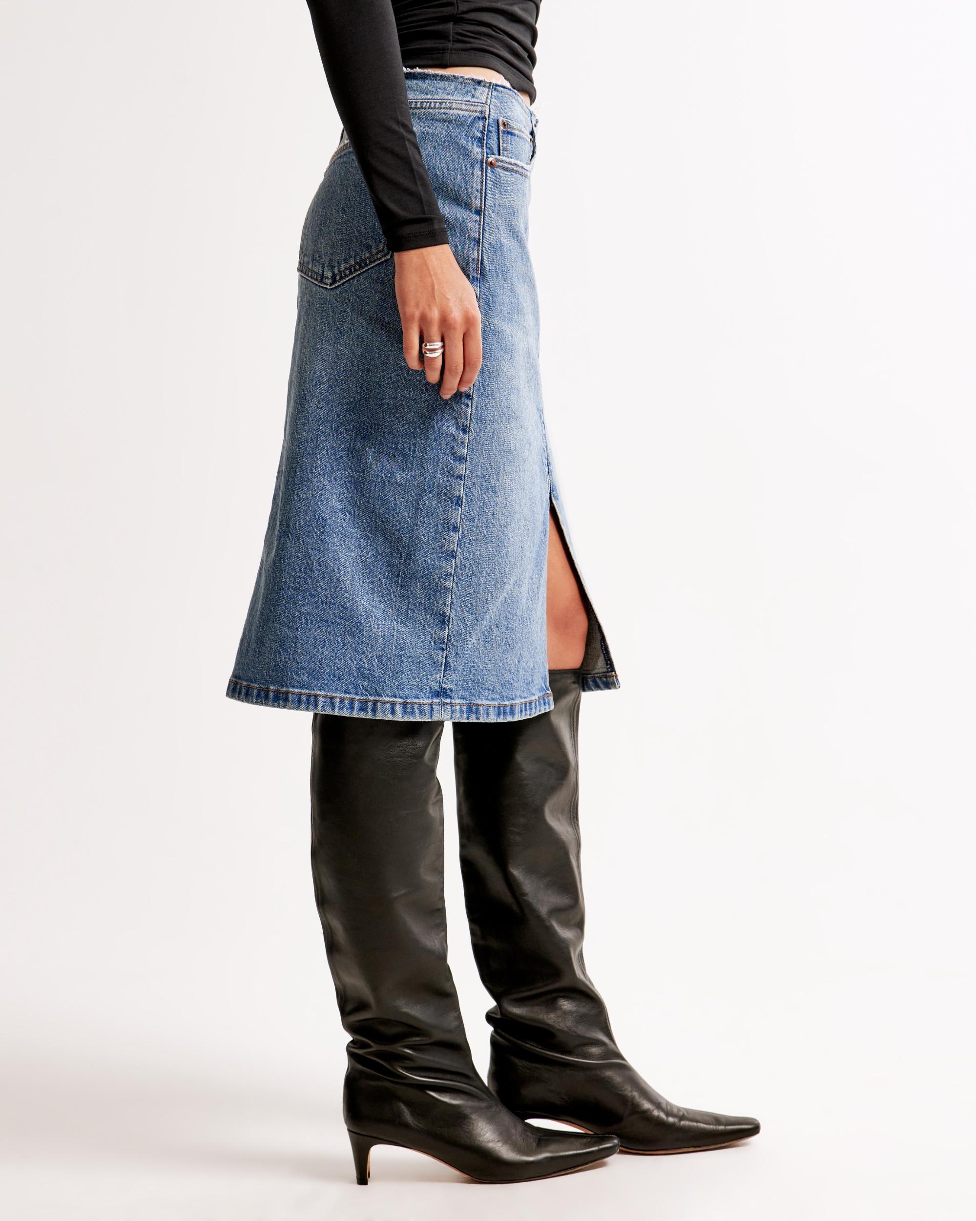 Mid Rise Denim Zip-Front Midi Skirt Product Image