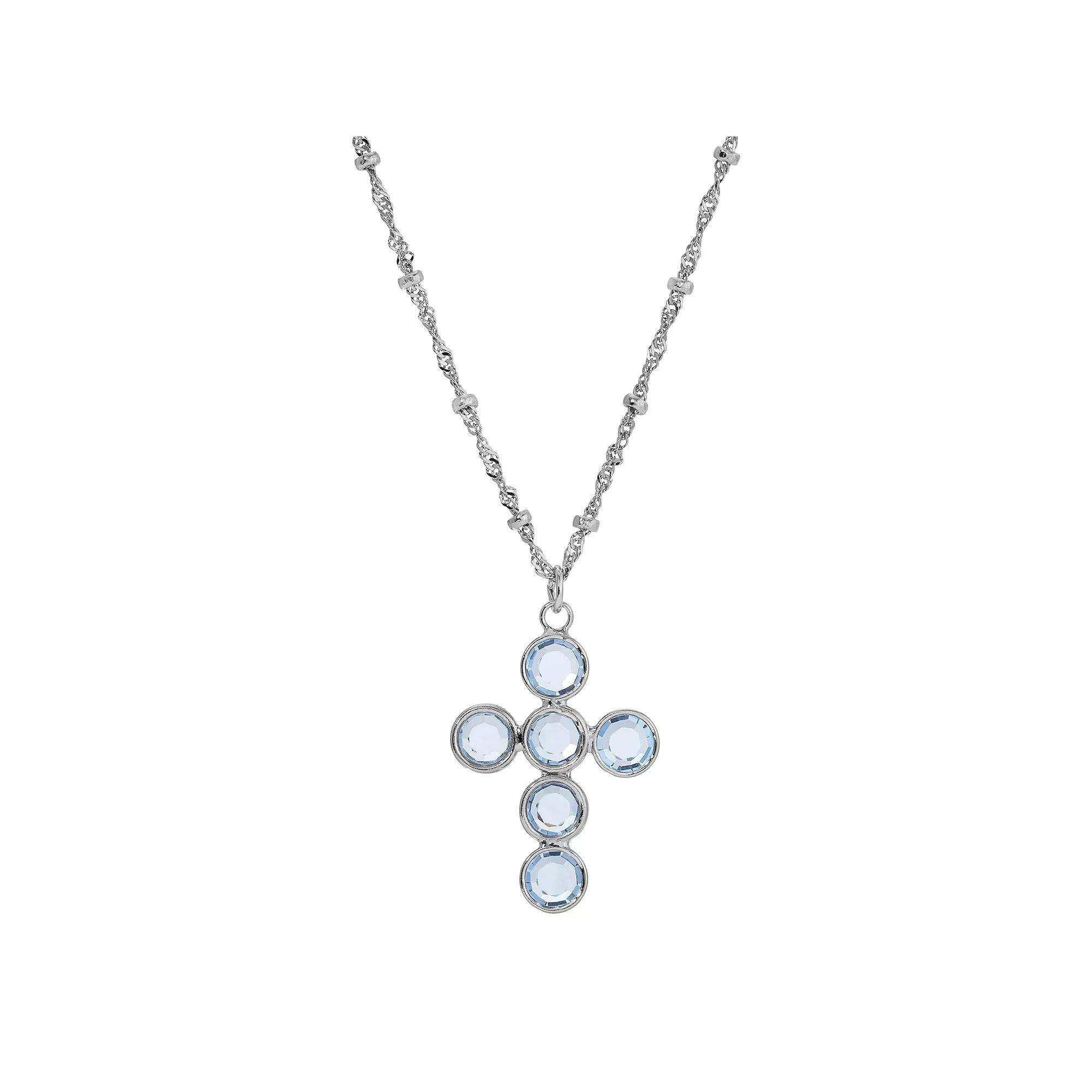 1928 Blue Crystal Cross Necklace, Womens Product Image
