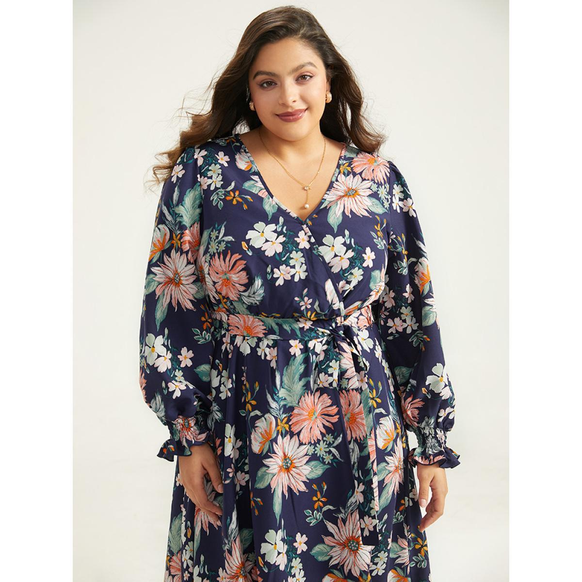 Plus Size Floral Print Overlap Collar Shirred Dress DarkBlue Women Elegant Belted V-neck Long Sleeve Curvy Midi Dress BloomChic 22-24/3X Product Image