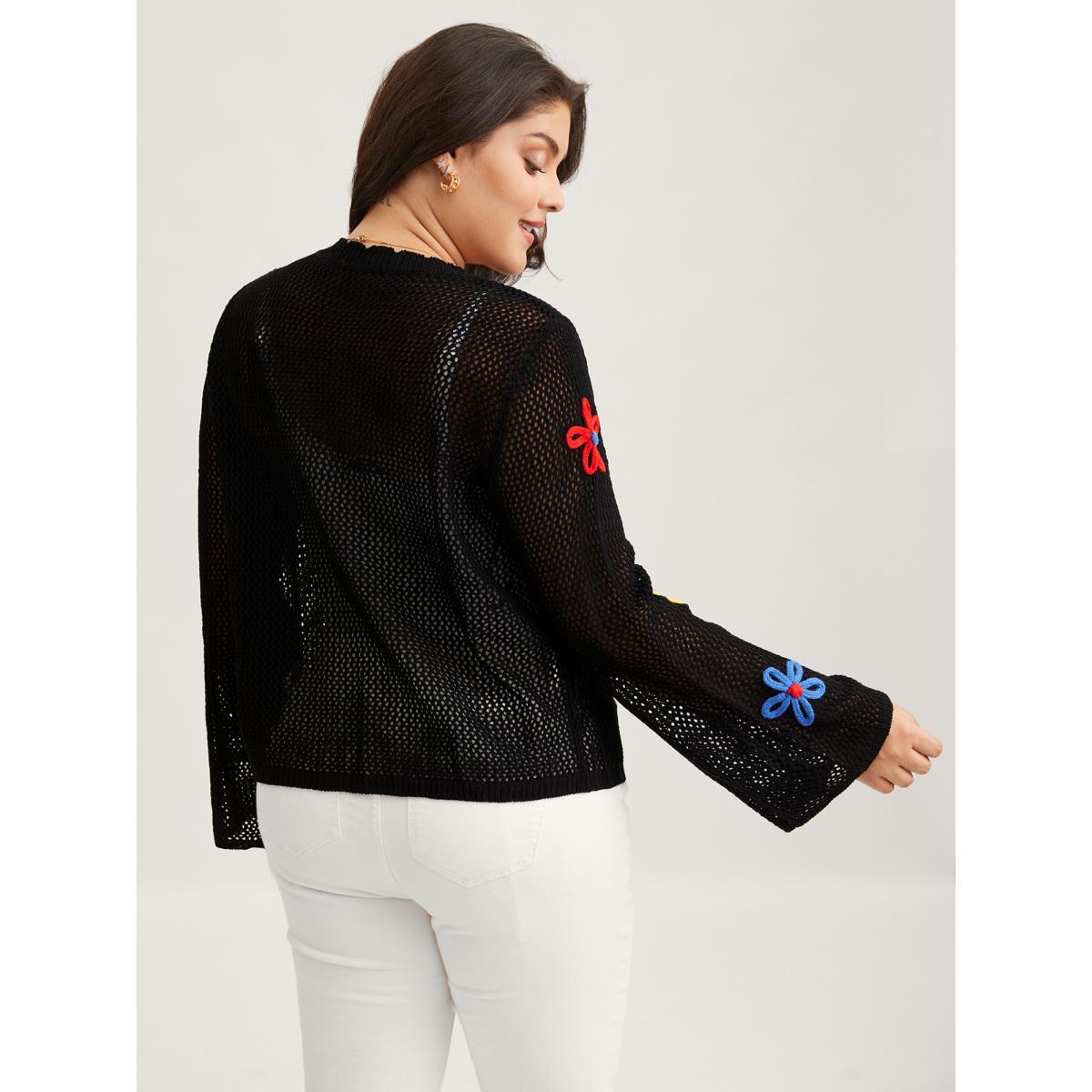 Plus Size Knit Floral Front Tie Cardigan Black Women Casual Loose Long Sleeve Everyday Cardigans BloomChic 12/L Product Image