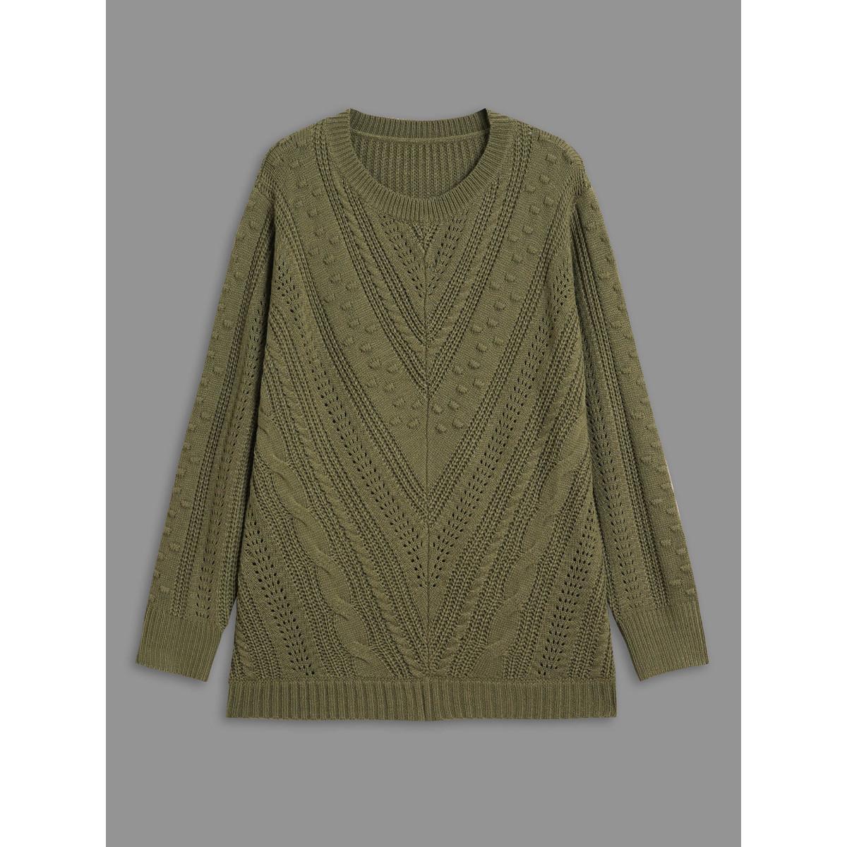 Plus Size Solid Round Neck Cable Knit Pullover ArmyGreen Women Casual Long Sleeve Round Neck Everyday Pullovers BloomChic 18-20/2X Product Image